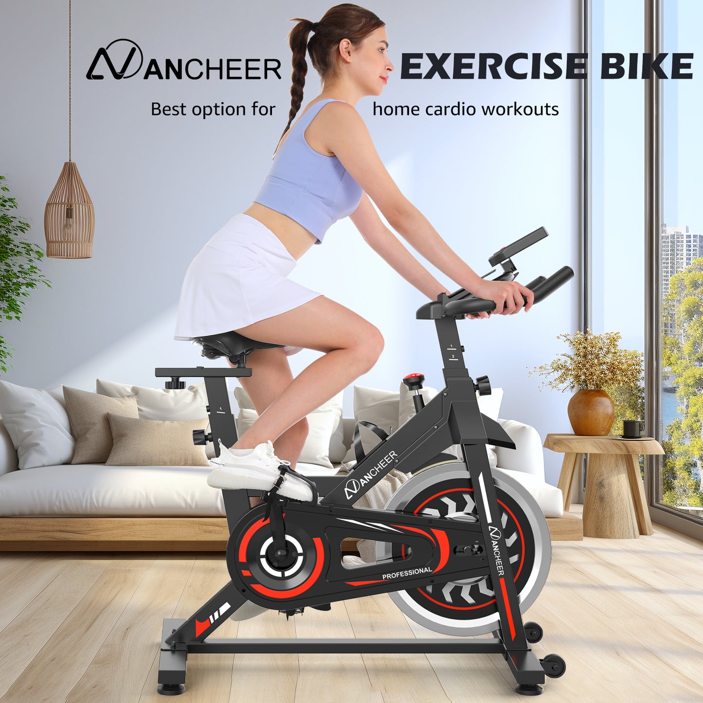 ANCHEER Exercise Bike, Stationary bike for home with Resistance, Indoor Bike with Tablet Holder, LCD Monitor, 7 Seat Adjustment for Cardio Workout