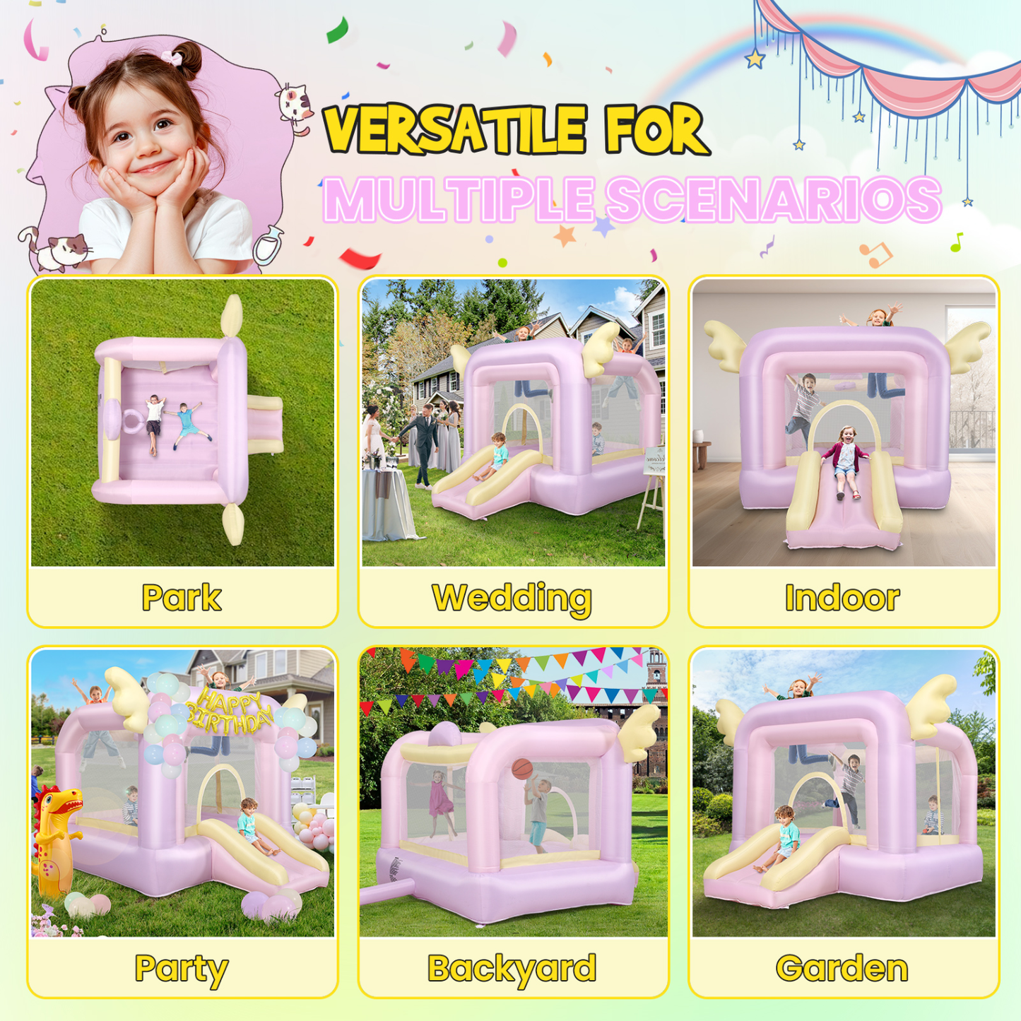 KRISRATE Inflatable Bounce House with Slide, Pink Kids Bouncy Castle for Indoor/Outdoor Use, with Basketball Hoop, Safety Net & 370W Blower for Party