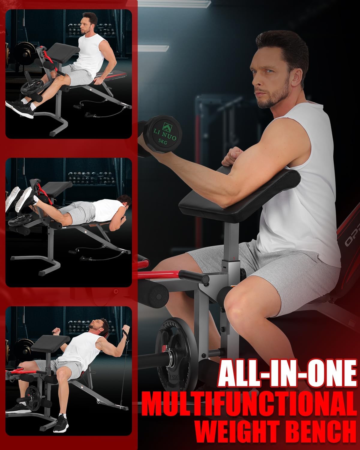 KRISRATE Weight Bench with Leg Extension & Leg Curl & Preacher Curl,Adjustable Weight Bench Press Set Incline Decline Flat Workout Bench for Home Gym