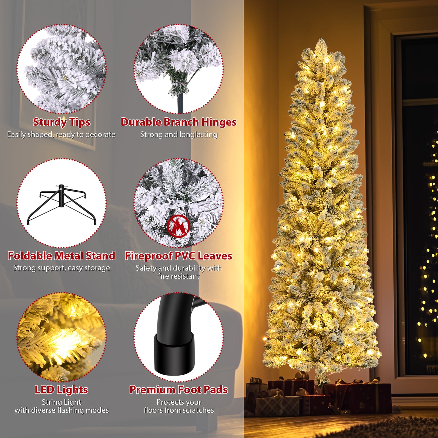 KRISRATE 6FT Prelit Snow Flocked Pencil Slim Christmas Tree, 500 PVC Branch Tips, 250 Warm White Lights,Metal Stand and Hinged Branches,8 Flash Modes
