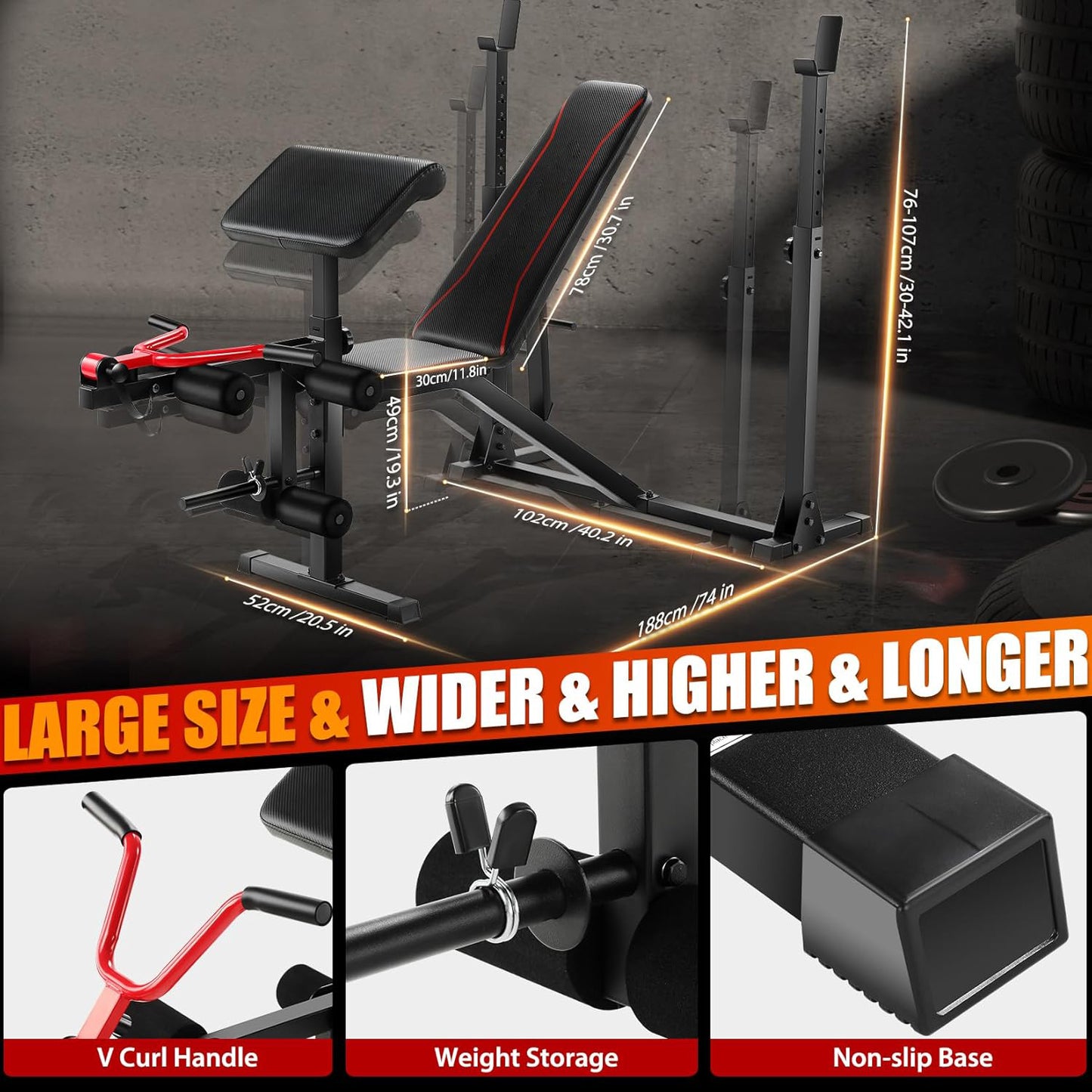 KRISRATE Weight Bench Set with Leg Extension and Curl, Home Gym Bench Press Set & Barbell Rack, Safety Spotter Catches, Preacher Curl Workout Benches