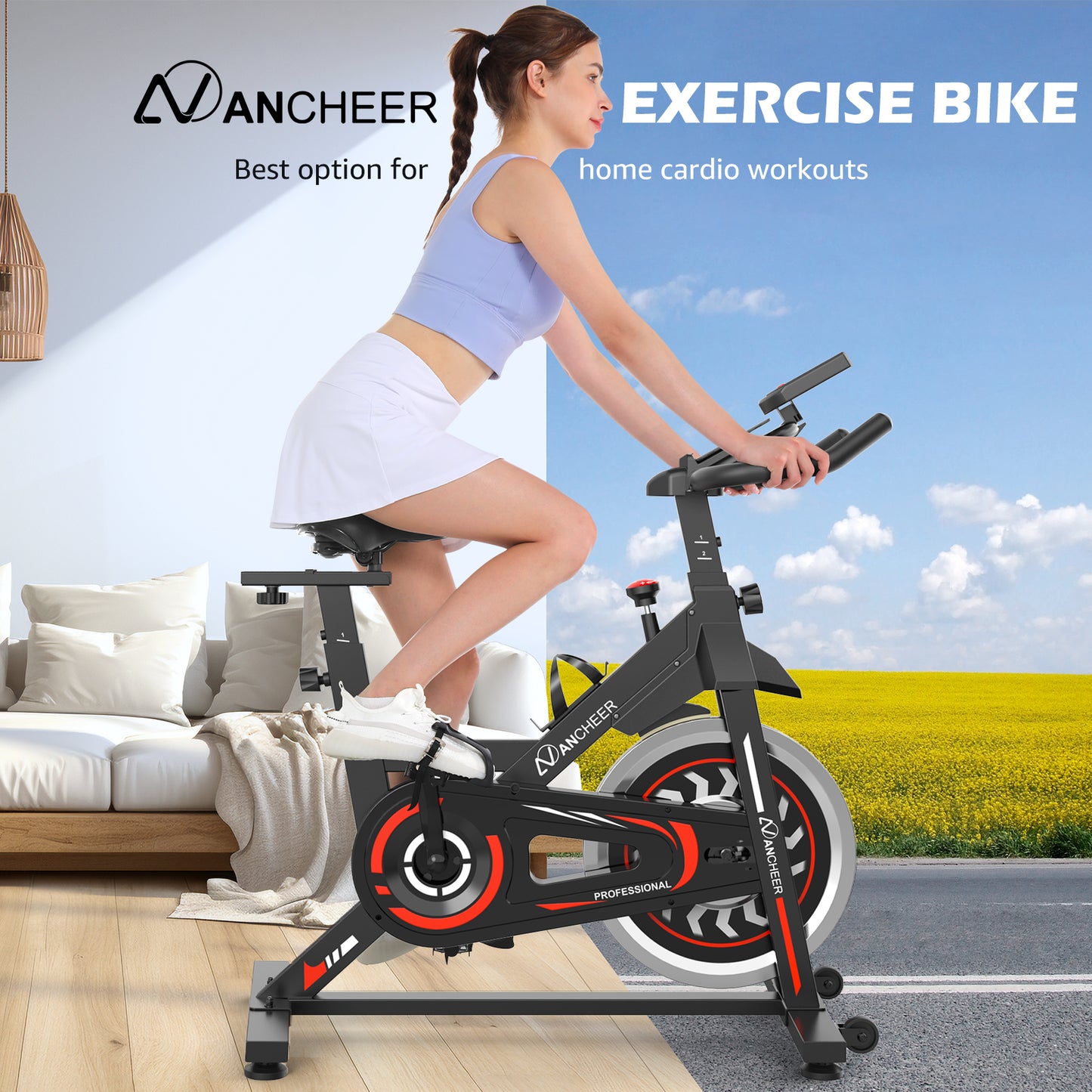 ANCHEER Exercise Bike, Stationary bike for home with Resistance, Indoor Bike with Tablet Holder, LCD Monitor, 7 Seat Adjustment for Cardio Workout