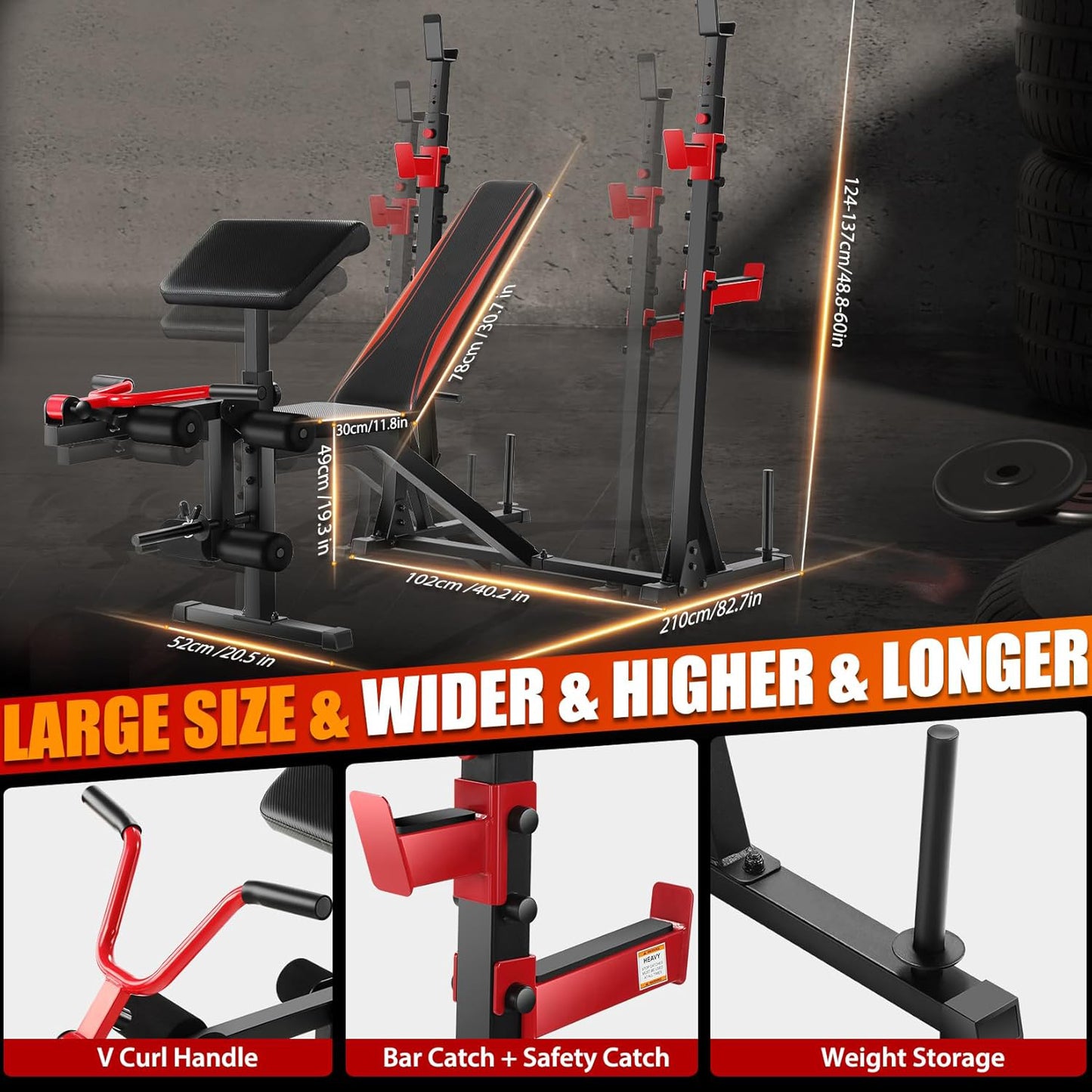 KRISRATE Weight Bench Set with Leg Extension and Curl, 900LBS Bench Press Set and Barbell Rack with Safety Spotter Catches, Preacher Curl for Home Gym