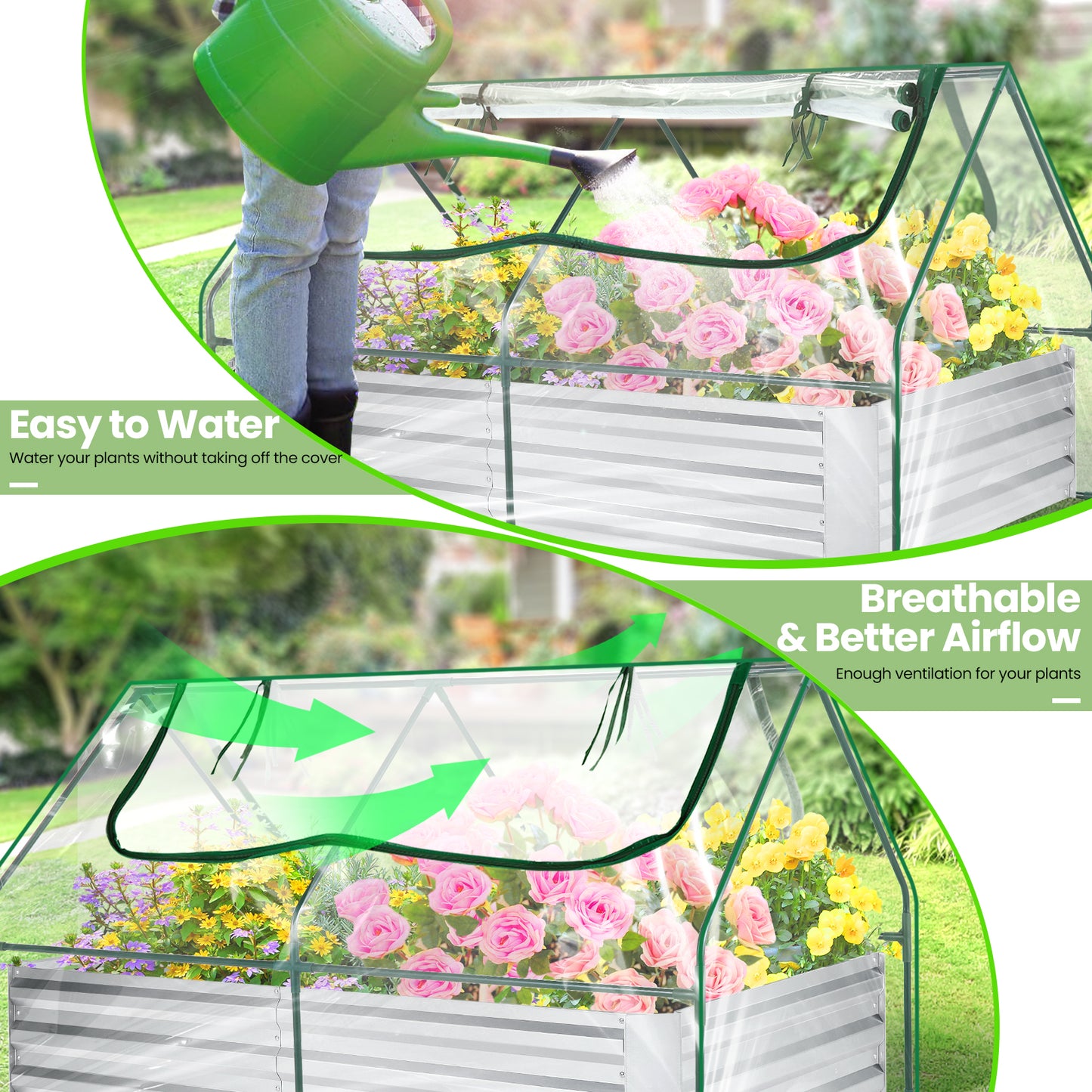 KRISRATE 6x3x3ft Galvanized Raised Garden Bed with Clear Cover - Extra-Thick Steel Mini Greenhouse Kit w/ 2 Zipper Windows & Gloves for Vegetables