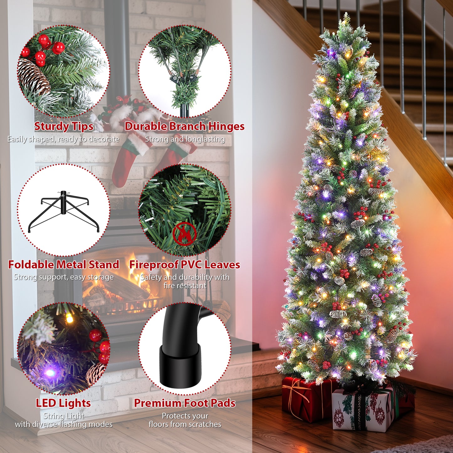 KRISRATE 6FT Pre-lit Pencil Christmas Tree, Partially Flocked Slim Holiday Tree Decoration, Skinny Xmas Tree, 250 Lights, 566 Frosted Tips, PineCones