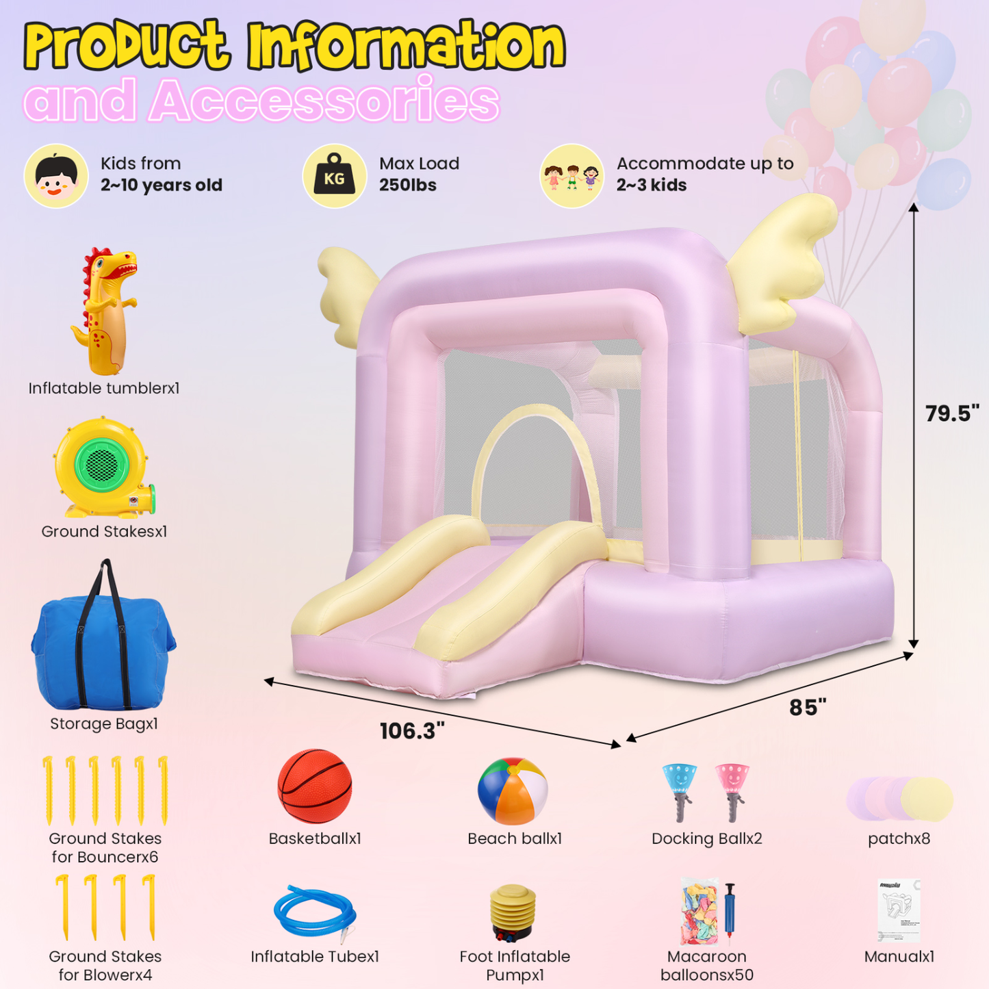 KRISRATE Inflatable Bounce House with Slide, Pink Kids Bouncy Castle for Indoor/Outdoor Use, with Basketball Hoop, Safety Net & 370W Blower for Party