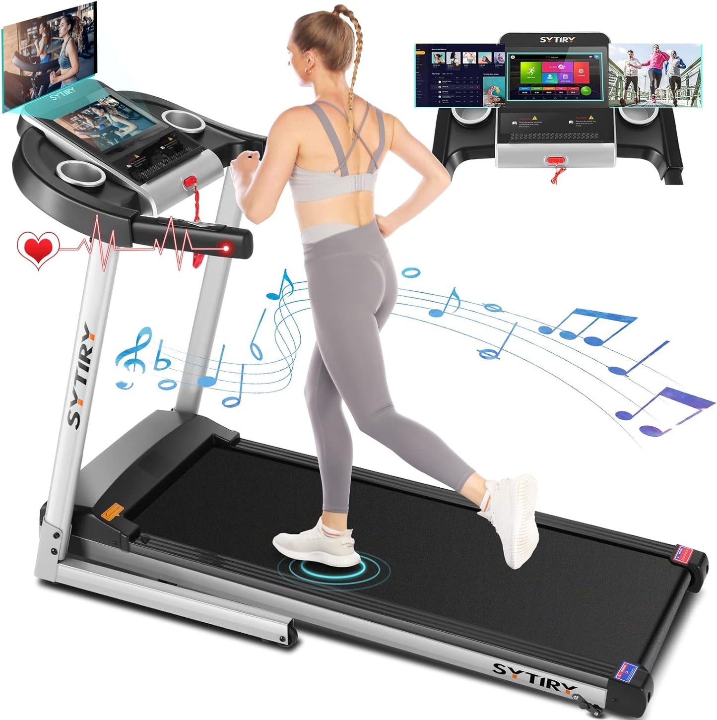 SYTIRY 3.25HP Folding Incline Treadmill with Large 10" HD TV Touch