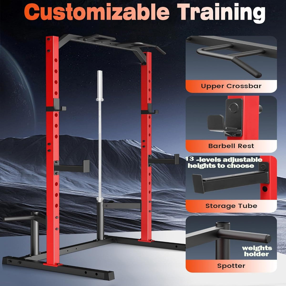 KRISRATE Adjustable Power Rack Squat Stand, Power Cage with 2 Pull Up Bars, 13-Level Strength Training Rack Smith Machine with Heavy-Duty Steel Frame