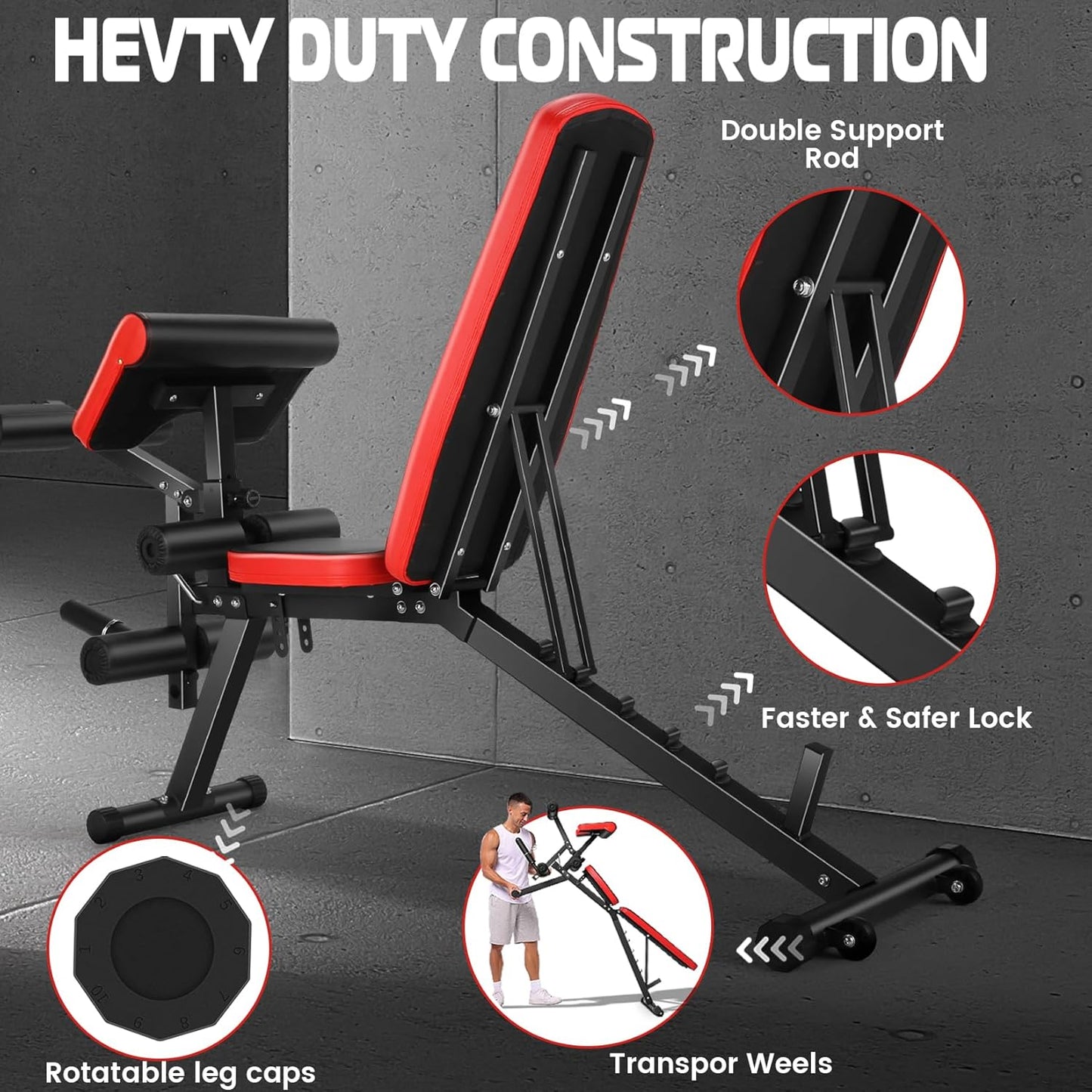 KRISRATE 800LBS Adjustable Weight Bench - Home Gym Workout Bench with Leg Extension, Leg Curl & Preacher Curl, Multi-Position Gym Bench Exercise Bench