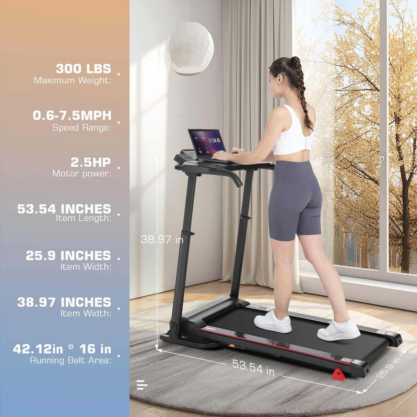 FUNMILY Treadmill with Folding Electric Treadmill with LED Display Control Exercise Treadmill for Home&Office Speed Range 0.6-7.5 mph,300lbs