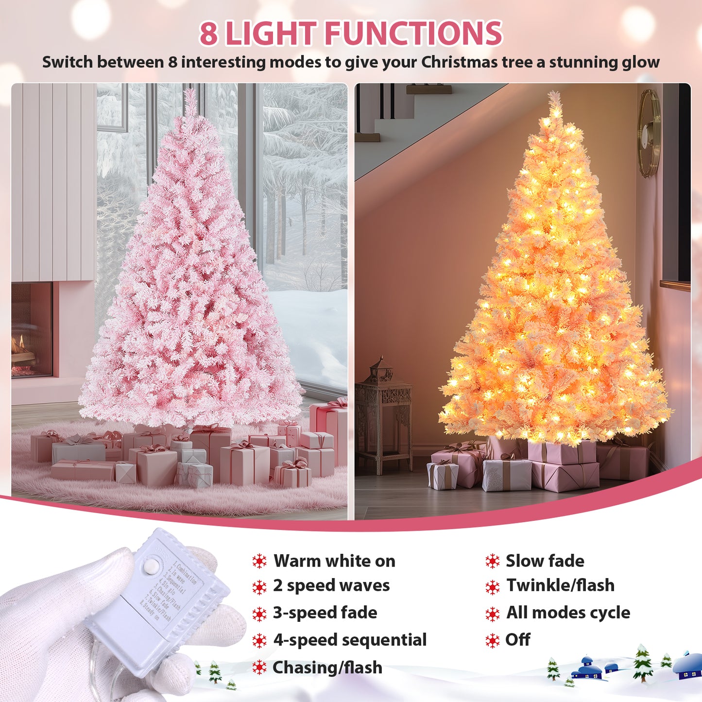 KRISRATE 6FT Pre-lit Pink Flocked Artificial Christmas Tree 8 Adjustable Light Modes, 250 LED Lights, 640 PVC Branch Tips, Foldable Metal Stand, Pink