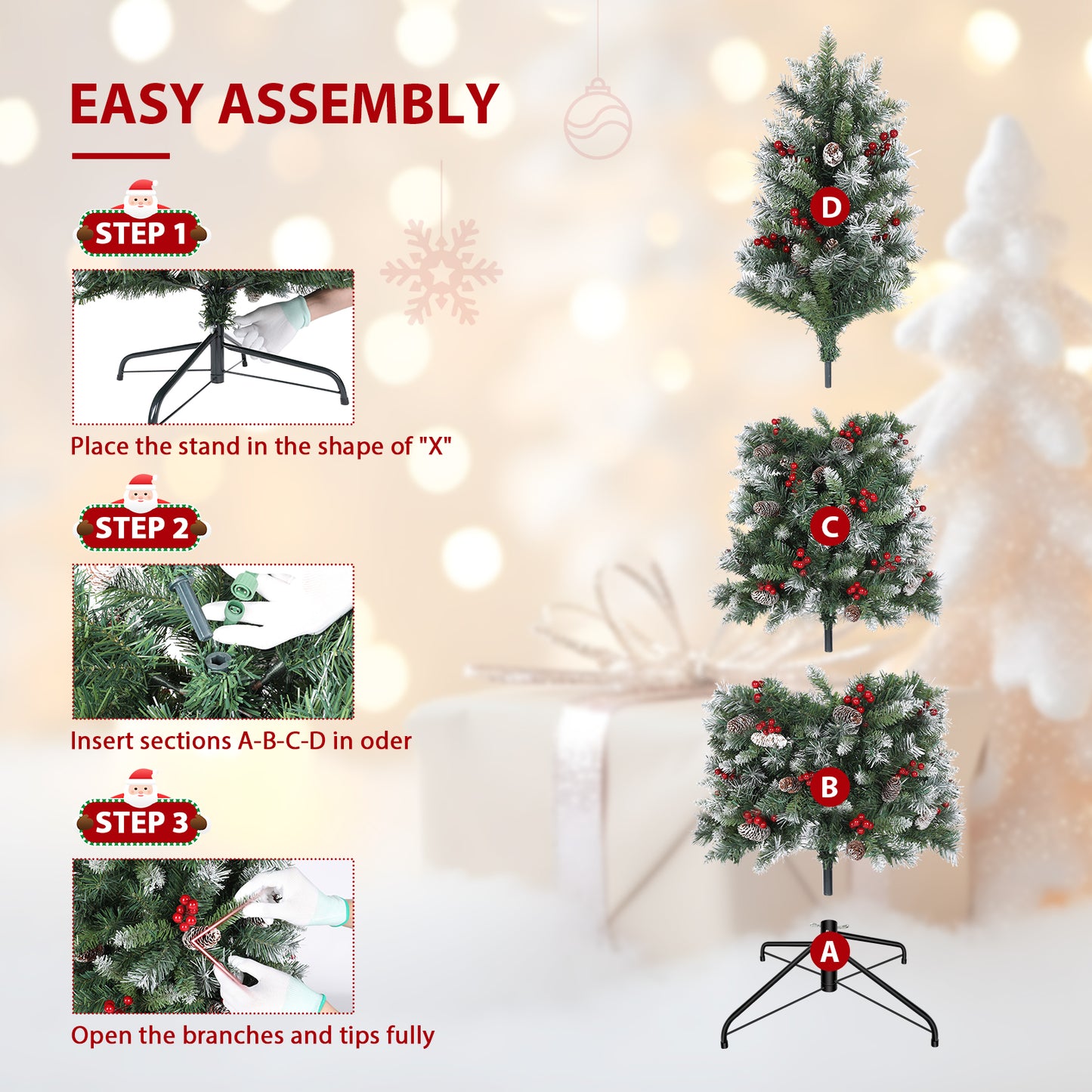 KRISRATE 6FT Pre-lit Pencil Christmas Tree, Partially Flocked Slim Holiday Tree Decoration, Skinny Xmas Tree, 250 Lights, 566 Frosted Tips, PineCones