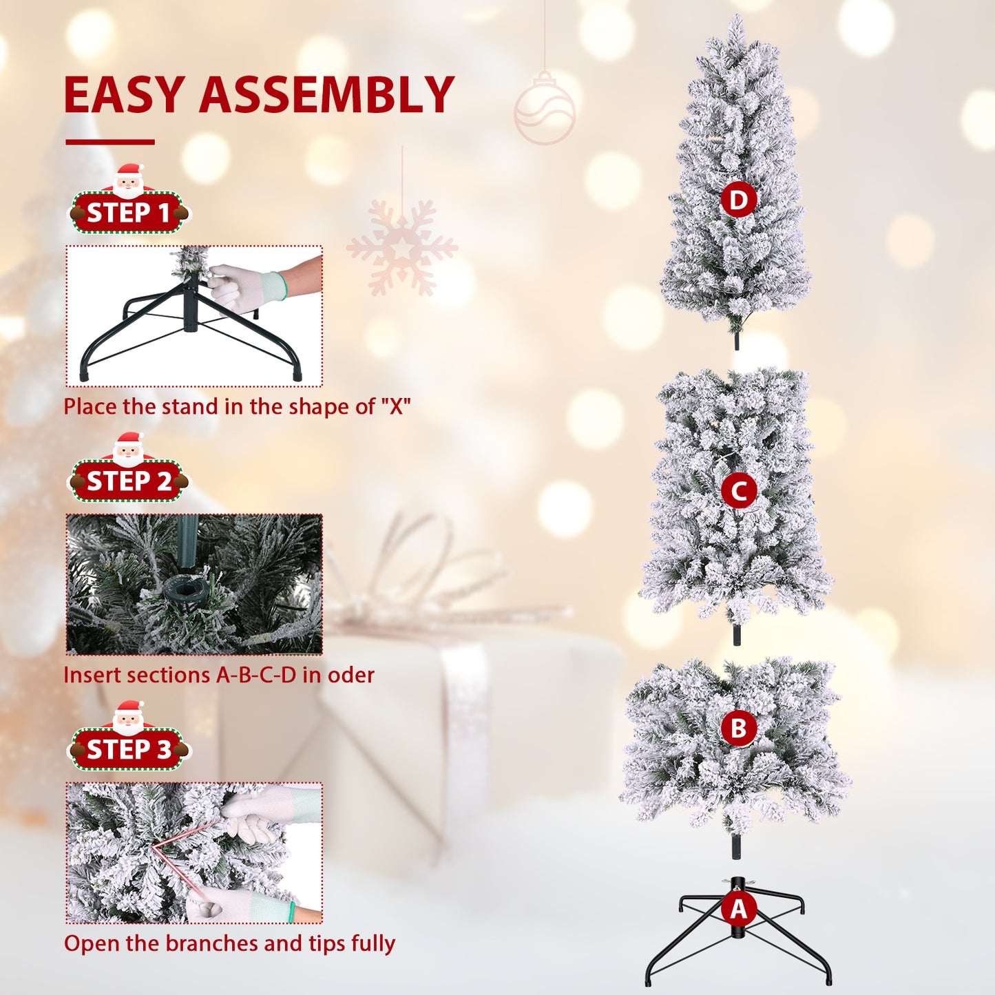 KRISRATE 6FT Prelit Snow Flocked Pencil Slim Christmas Tree, 500 PVC Branch Tips, 250 Warm White Lights,Metal Stand and Hinged Branches,8 Flash Modes