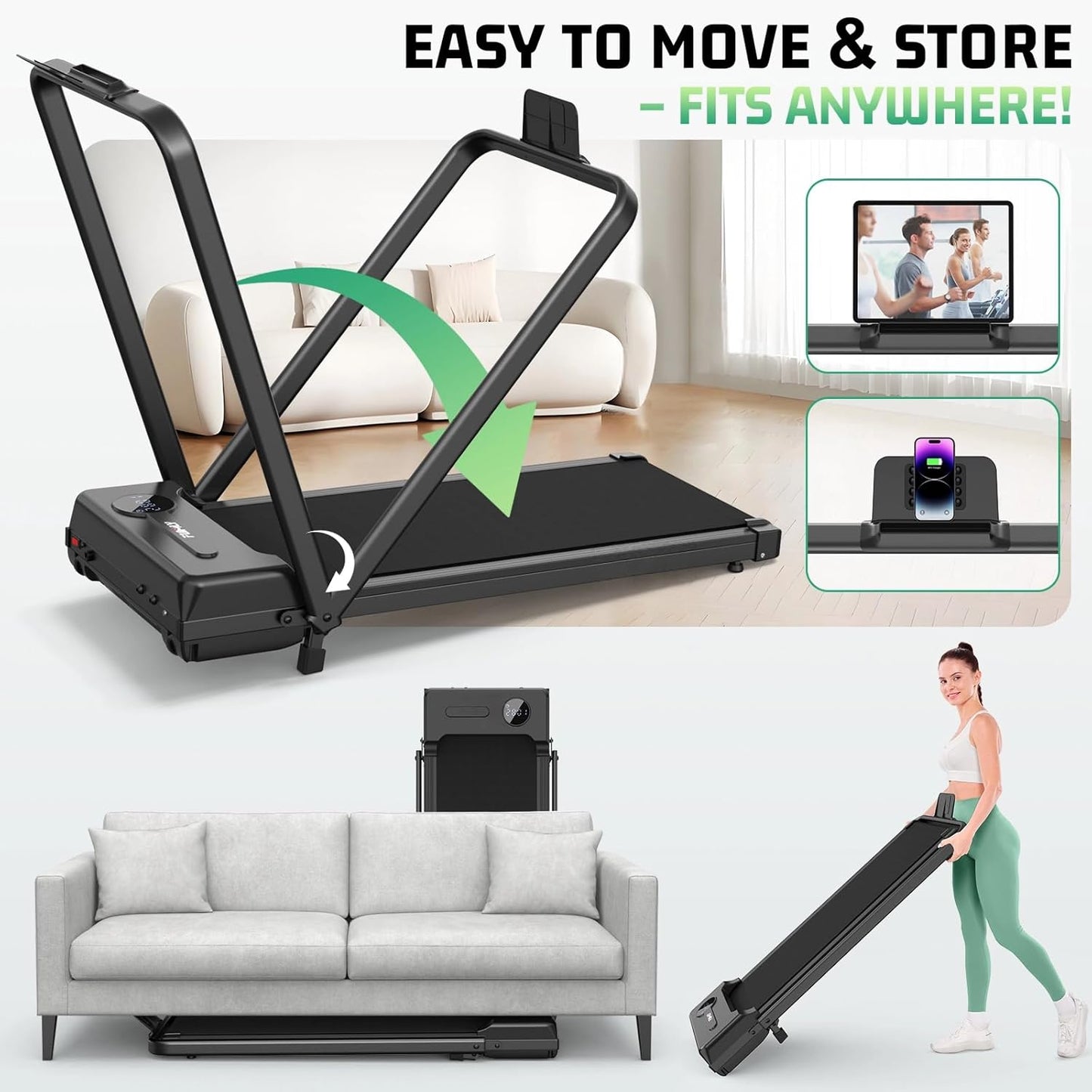 KRISRATE Walking Pad Treadmill with 12% Incline & Handle Bar & Shock Absorption, 3.5HP Foldable Treadmills for Home, Under Desk Compact Walking Pad