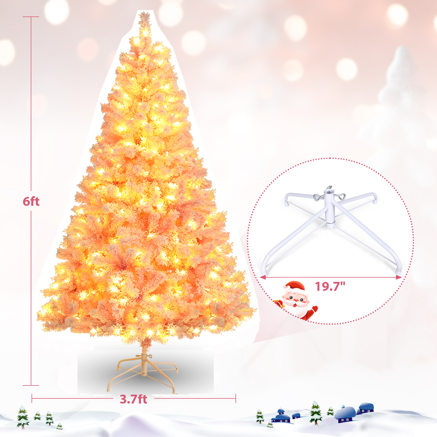 KRISRATE 6FT Pre-lit Pink Flocked Artificial Christmas Tree 8 Adjustable Light Modes, 250 LED Lights, 640 PVC Branch Tips, Foldable Metal Stand, Pink