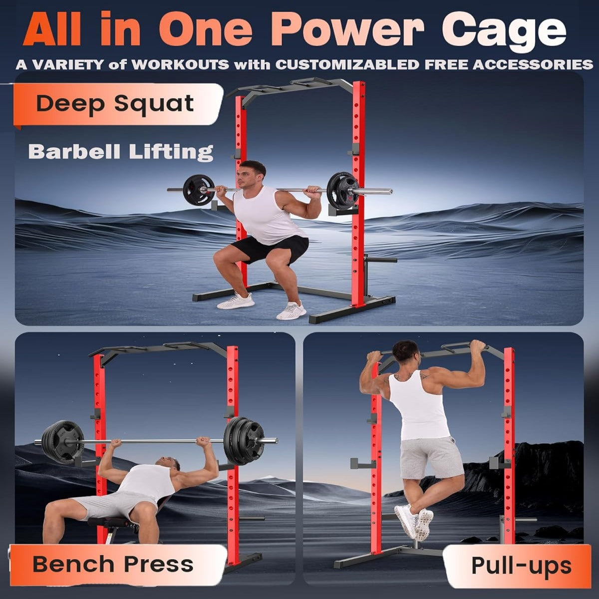 KRISRATE Adjustable Power Rack Squat Stand, Power Cage with 2 Pull Up Bars, 13-Level Strength Training Rack Smith Machine with Heavy-Duty Steel Frame