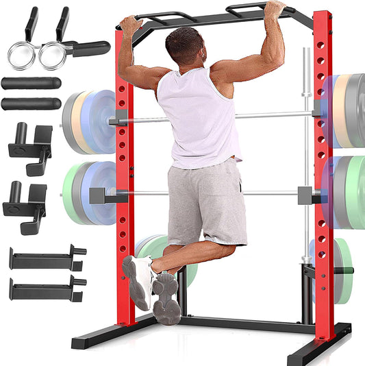 KRISRATE Adjustable Power Rack Squat Stand, Power Cage with 2 Pull Up Bars, 13-Level Strength Training Rack Smith Machine with Heavy-Duty Steel Frame