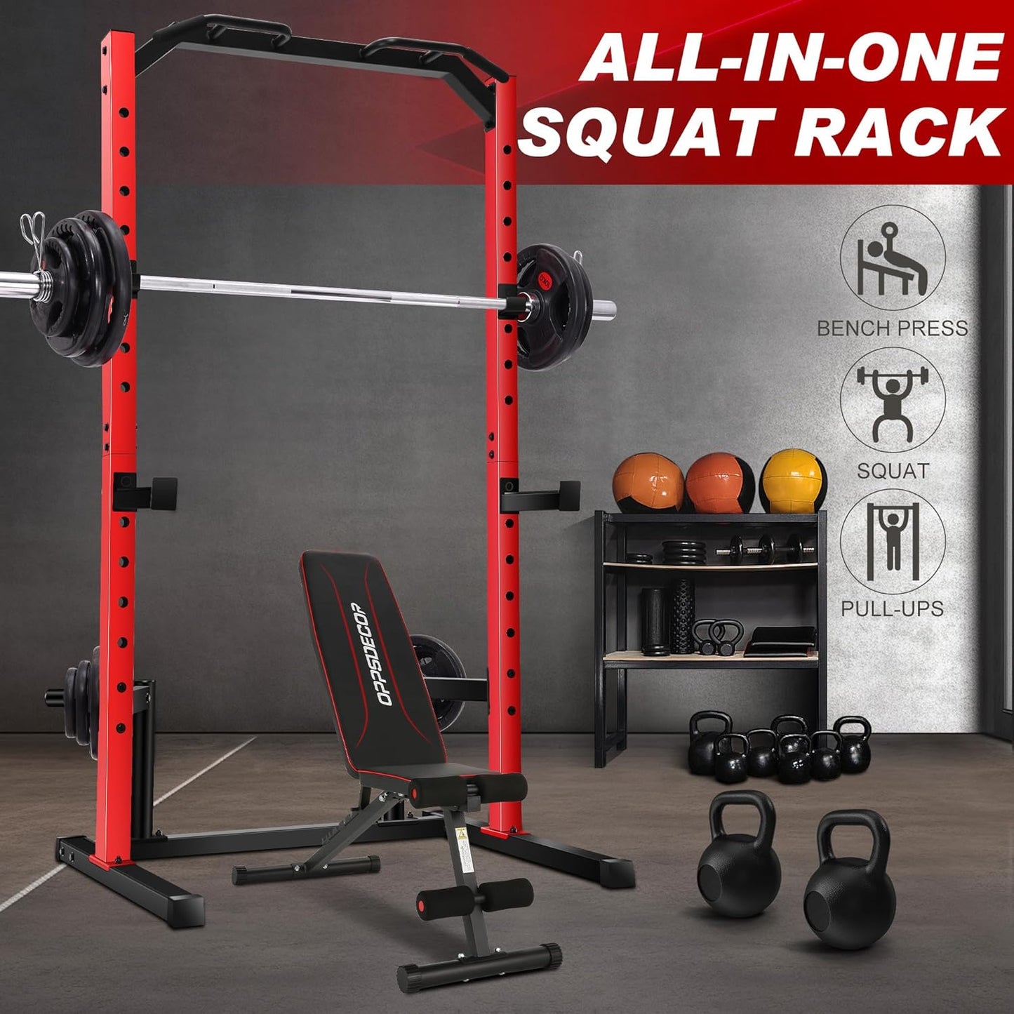 KRISRATE Adjustable Power Rack Squat Stand, Power Cage with 2 Pull Up Bars, 13-Level Strength Training Rack Smith Machine with Heavy-Duty Steel Frame