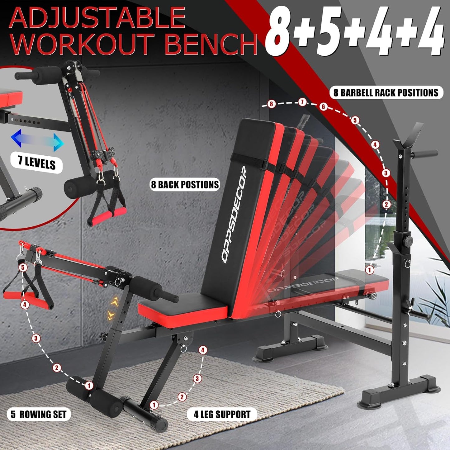 KRISRATE 3S Fast Folding All In One Weight Bench Set 600lbs, Home Gym Equipment Set w/ Removable Rowing Foot Catch, Squat Rack for Full Body Workout