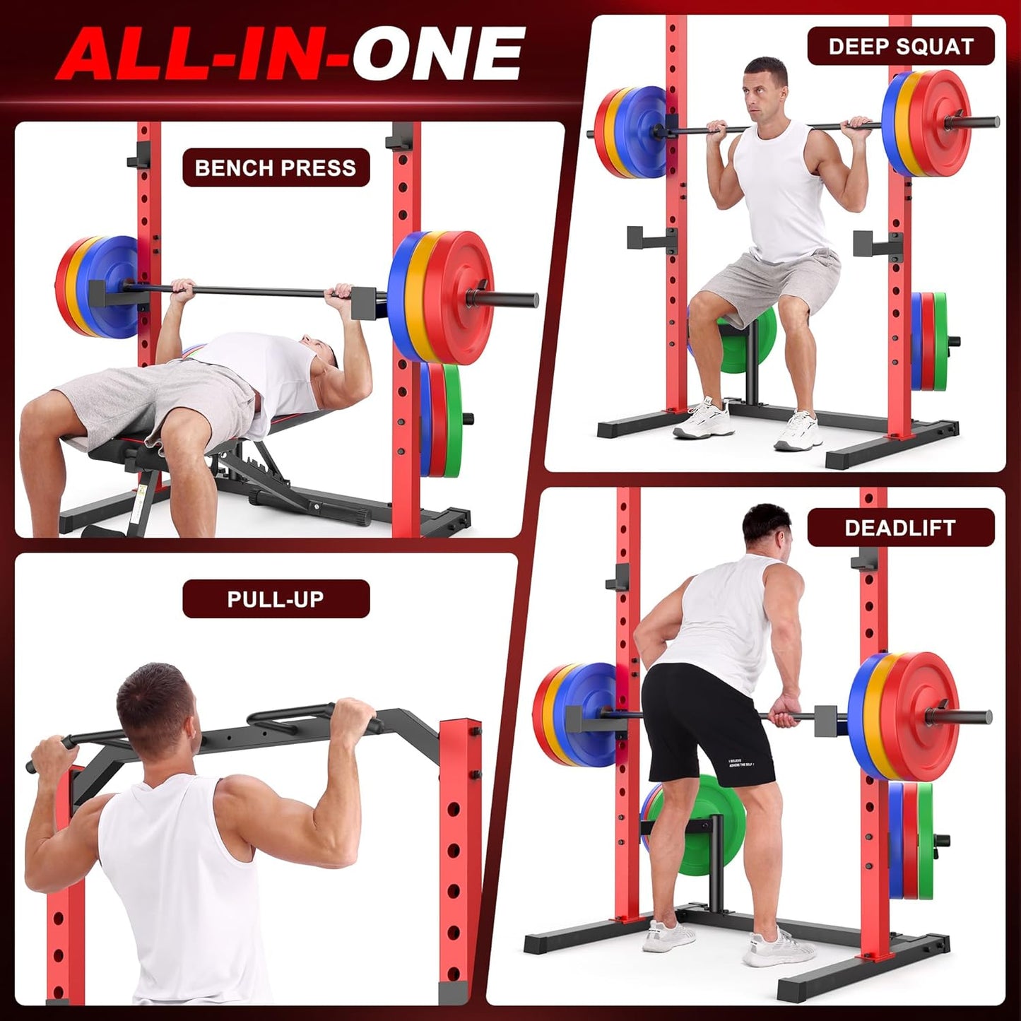 KRISRATE Adjustable Power Rack Squat Stand, Power Cage with 2 Pull Up Bars, 13-Level Strength Training Rack Smith Machine with Heavy-Duty Steel Frame