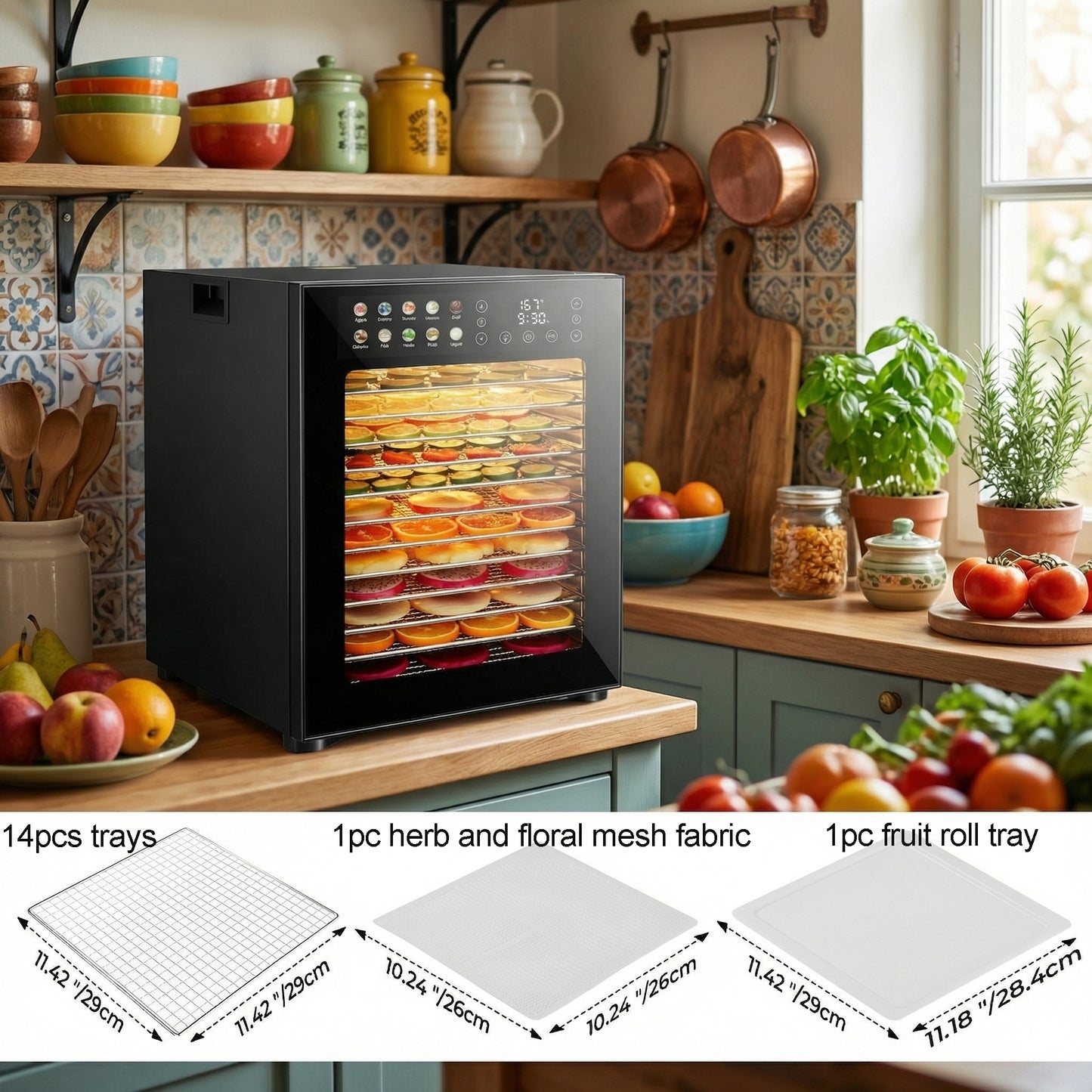 KRISRATE Food Dehydrator for Jerky & Fruit, 14 Stainless Steel Trays, 850W Food Dryer with 10 Presets, 48H Timer & 167°F Temperature Control, Dehydrator Machine for Herbs, Meat, Dog Treats