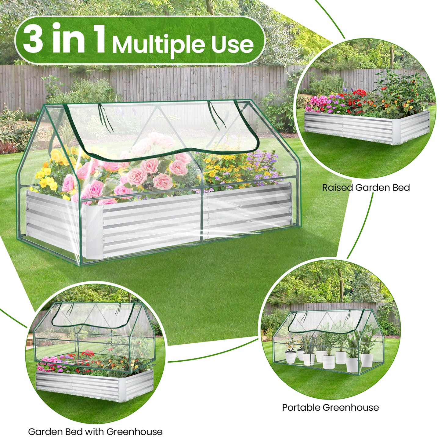 KRISRATE 6x3x3ft Galvanized Raised Garden Bed with Clear Cover - Extra-Thick Steel Mini Greenhouse Kit w/ 2 Zipper Windows & Gloves for Vegetables