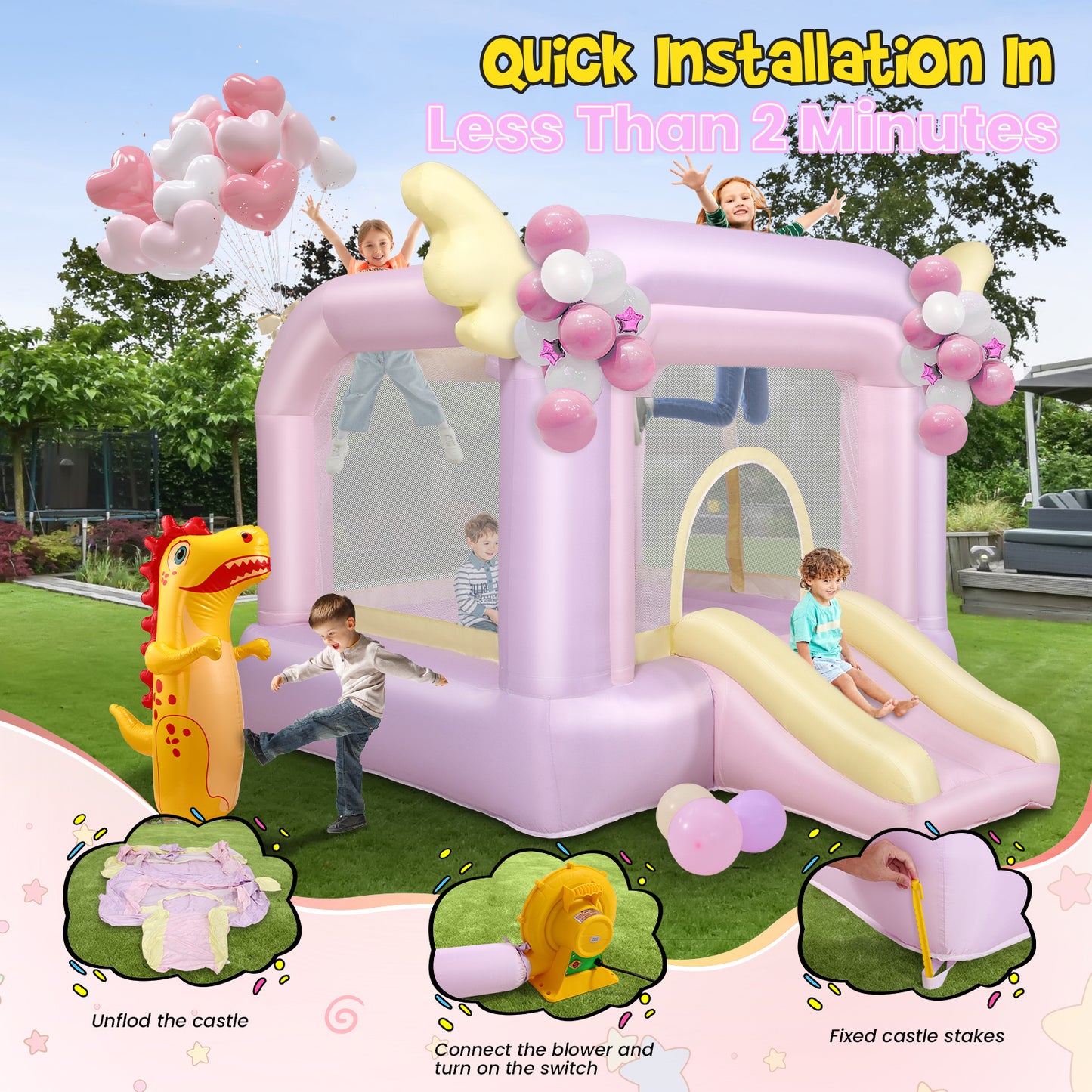 KRISRATE Inflatable Bounce House with Slide, Pink Kids Bouncy Castle for Indoor/Outdoor Use, with Basketball Hoop, Safety Net & 370W Blower for Party