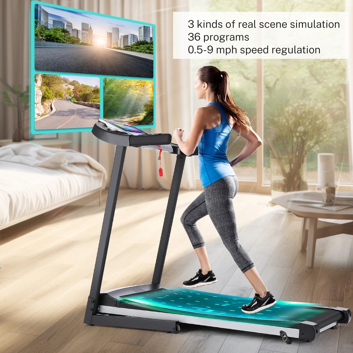 SYTIRY Folding Treadmill w/ 10" HD Touchscreen WiFi 3.25 HP Adjustable Incline Treadmills, Heart Rate Monito 9 MPH Speed Range Jogging Running Machine for Home Office 265lbs Weight Capacity