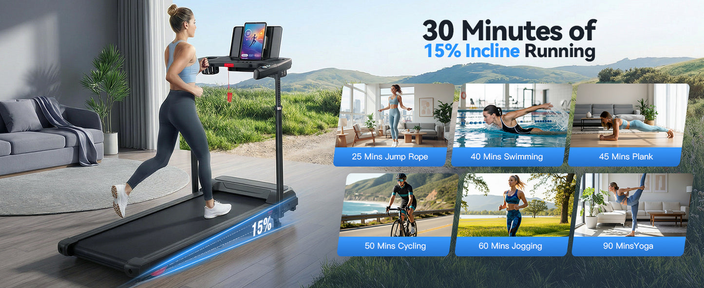 KRISRATE 3.5HP Treadmill w/ Desk Workstation & Adjustable Height, 450 lbs Capacity, Portable Folding 15% Incline Walking Pad Treadmill with Handle Bar