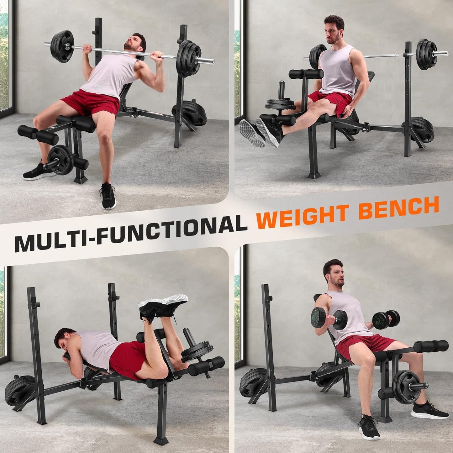 KRISRATE 900LBS Weight Bench Set with Squat Rack, Adjustable Bench Press Set with Leg Extension and Leg Curl, Flat Incline Decline Workout Bench