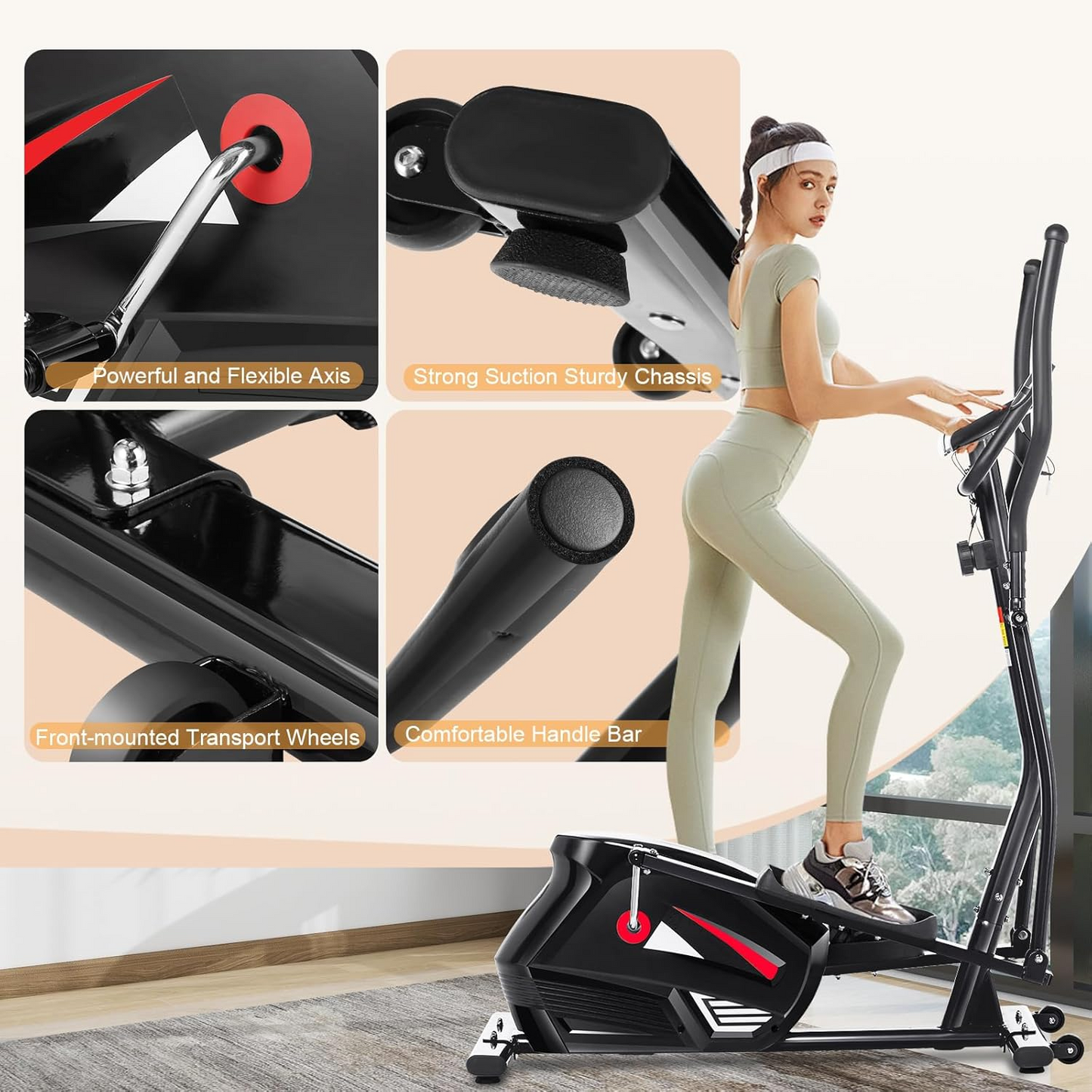 KRISRATE Elliptical Machine with APP - Heavy-Duty Magnetic Cross Trainer for Home, 18" Natural Stride, 10-Level Resistance, 500LBS Capacity, Black