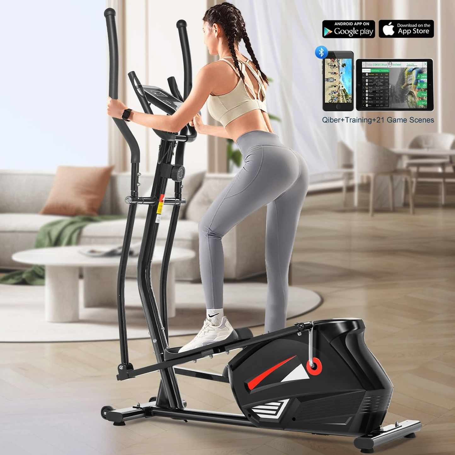 KRISRATE Elliptical Machine with APP - Heavy-Duty Magnetic Cross Trainer for Home, 18" Natural Stride, 10-Level Resistance, 500LBS Capacity, Black
