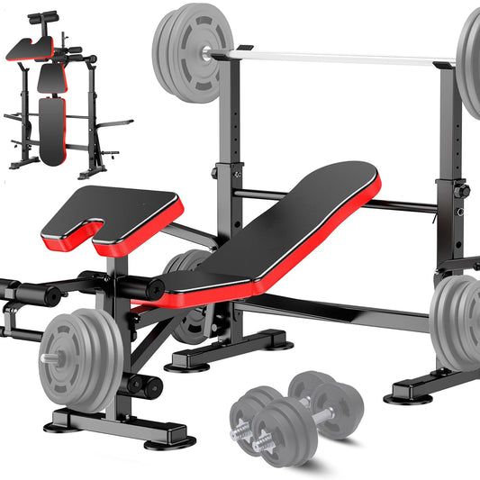 KRISRATE 6 in 1 Weight Bench Set with Squat Rack Adjustable Workout Bench with Leg Developer Preacher Curl Rack Fitness Strength Training for Home Gym