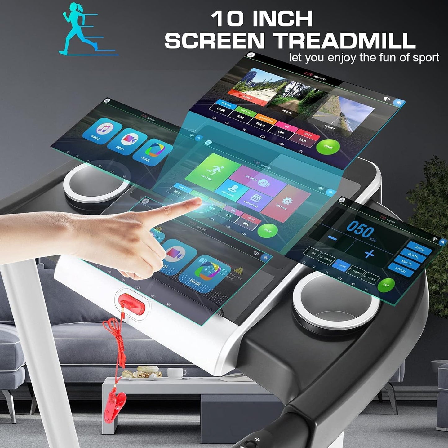 KRISRATE Treadmills with 12% Incline & 10” 3D TV Screen & WiFi & APP & Heart Rate for Home, 3.25HP 9MPH Smart Treadmill, Foldable Running Machine