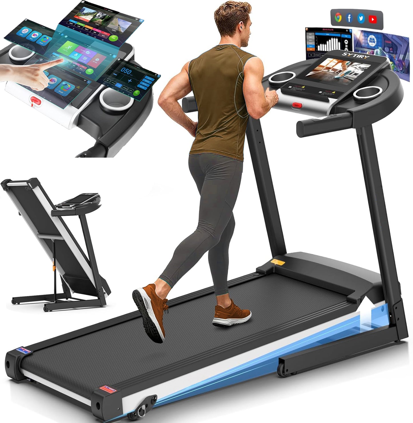 KRISRATE Treadmills with 12% Incline & 10” 3D TV Screen & WiFi & APP & Heart Rate for Home, 3.25HP 9MPH Smart Treadmill, Foldable Running Machine