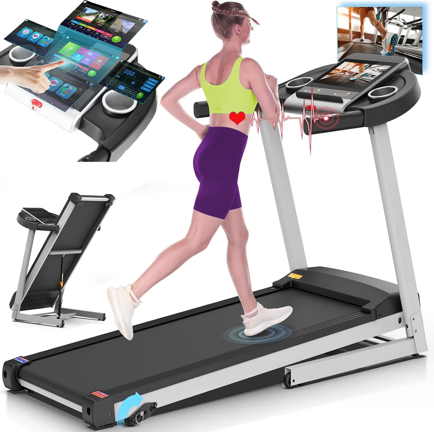 KRISRATE Treadmills with 12% Incline & 10” 3D TV Screen & WiFi & APP & Heart Rate for Home, 3.25HP 9MPH Smart Treadmill, Foldable Running Machine