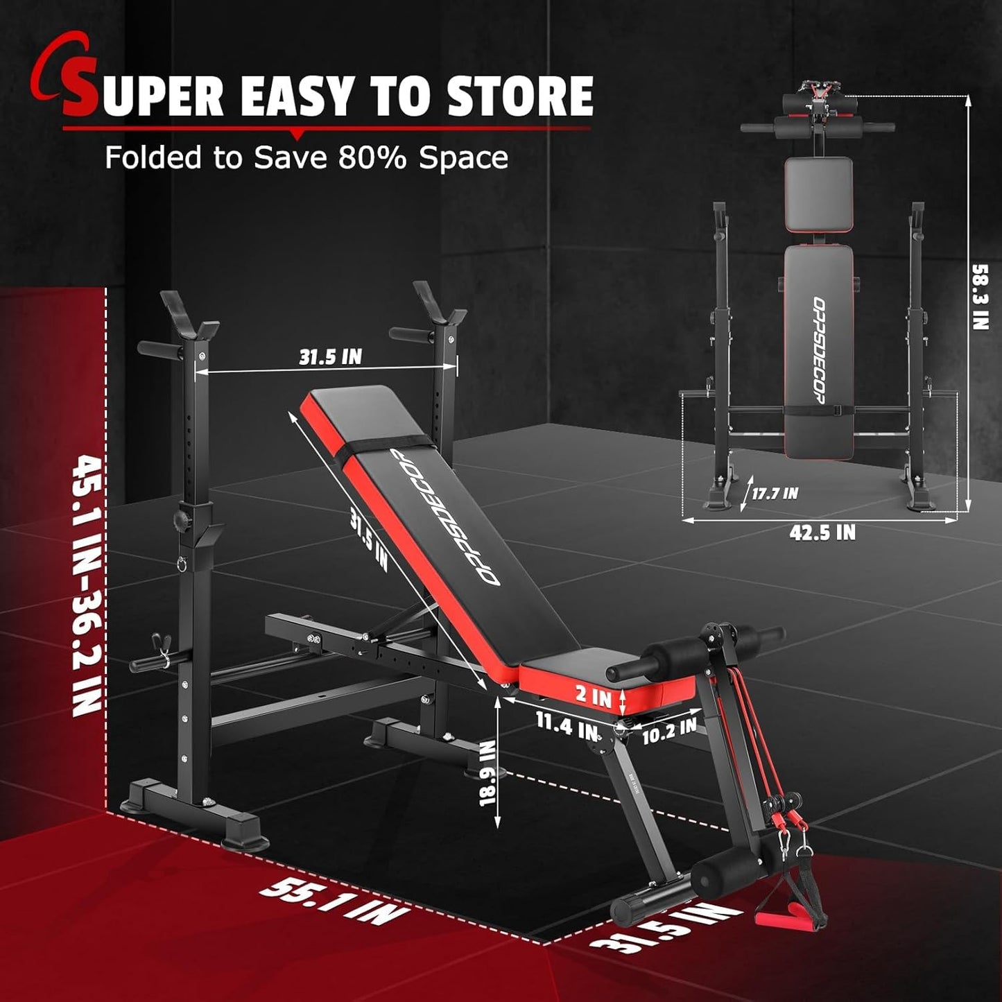 KRISRATE 3S Fast Folding All In One Weight Bench Set 600lbs, Home Gym Equipment Set w/ Removable Rowing Foot Catch, Squat Rack for Full Body Workout
