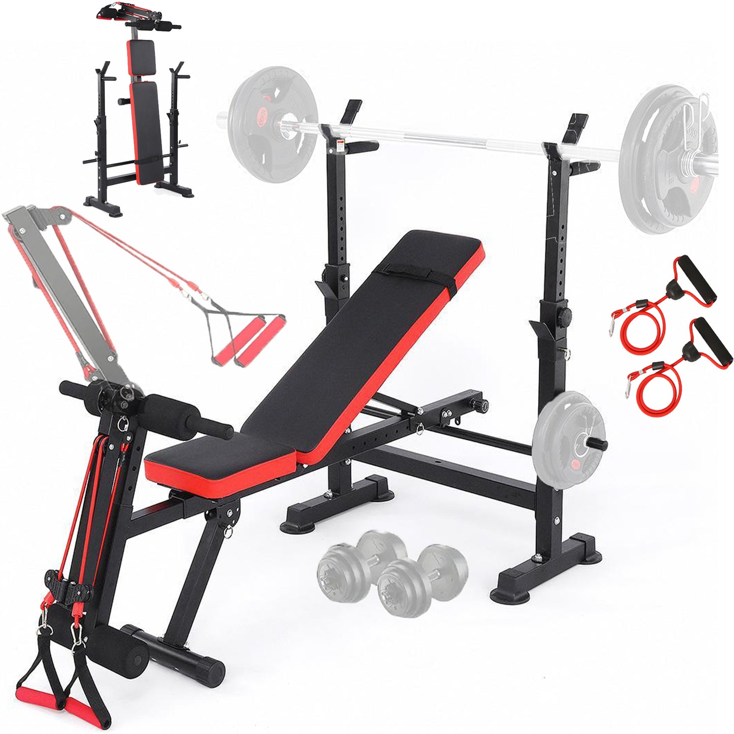 KRISRATE 3S Fast Folding All In One Weight Bench Set 600lbs, Home Gym Equipment Set w/ Removable Rowing Foot Catch, Squat Rack for Full Body Workout