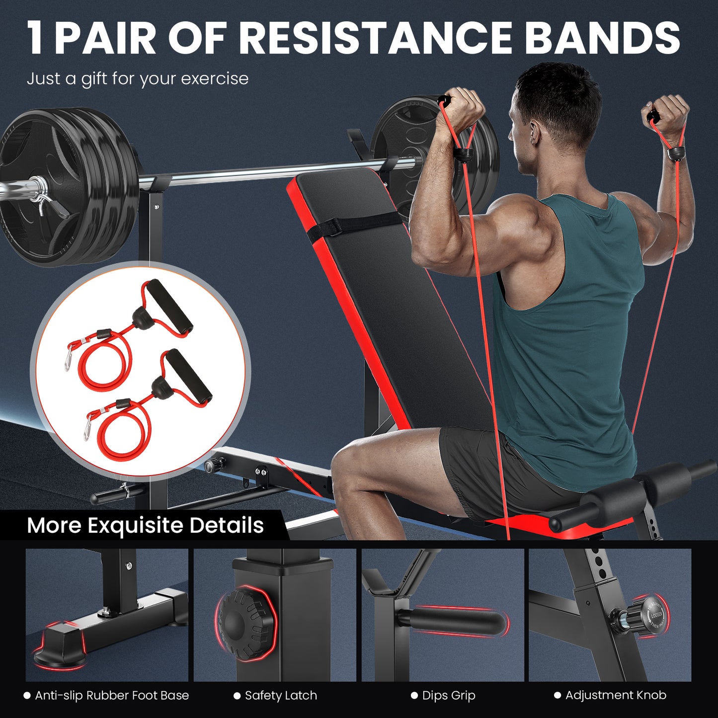 KRISRATE 6 in 1 Adjustable Weight Bench Set With Removable Foot Catch, Foldable Bench Press Set w/ Squat Rack Flat Incline Workout Bench for Home Gym