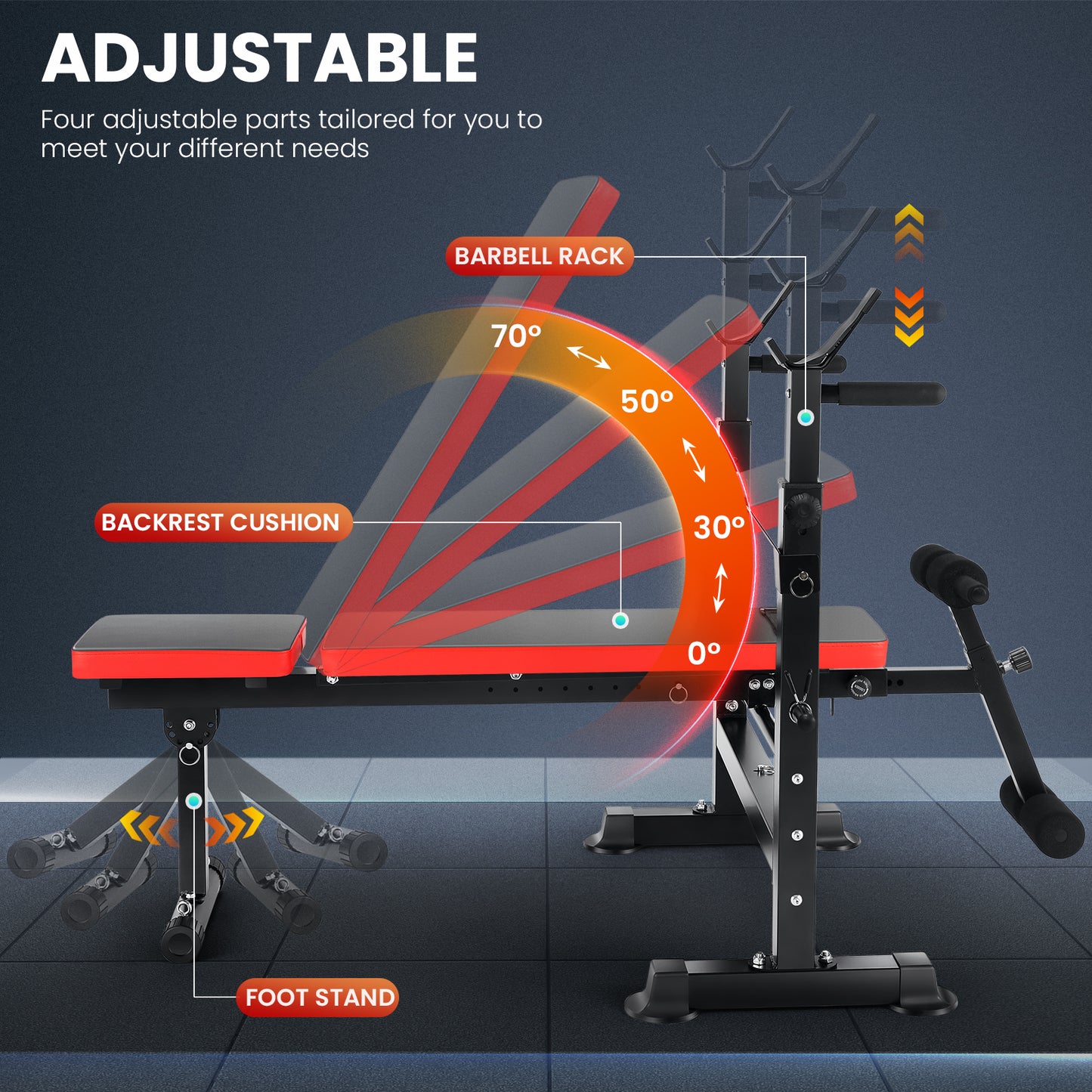 KRISRATE 6 in 1 Adjustable Weight Bench Set With Removable Foot Catch, Foldable Bench Press Set w/ Squat Rack Flat Incline Workout Bench for Home Gym