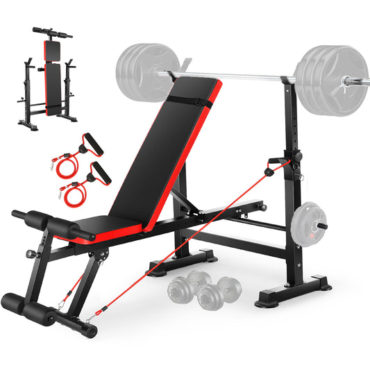 KRISRATE 6 in 1 Adjustable Weight Bench Set With Removable Foot Catch, Foldable Bench Press Set w/ Squat Rack Flat Incline Workout Bench for Home Gym