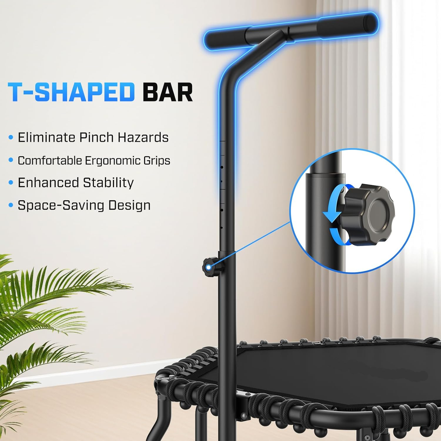 KRISRATE 50" Mini Trampoline Rebounder for Adults with Adjustable Bar, Foldable Fitness Trampoline 560LBS Capacity for Indoor Outdoor Home Gym Workout