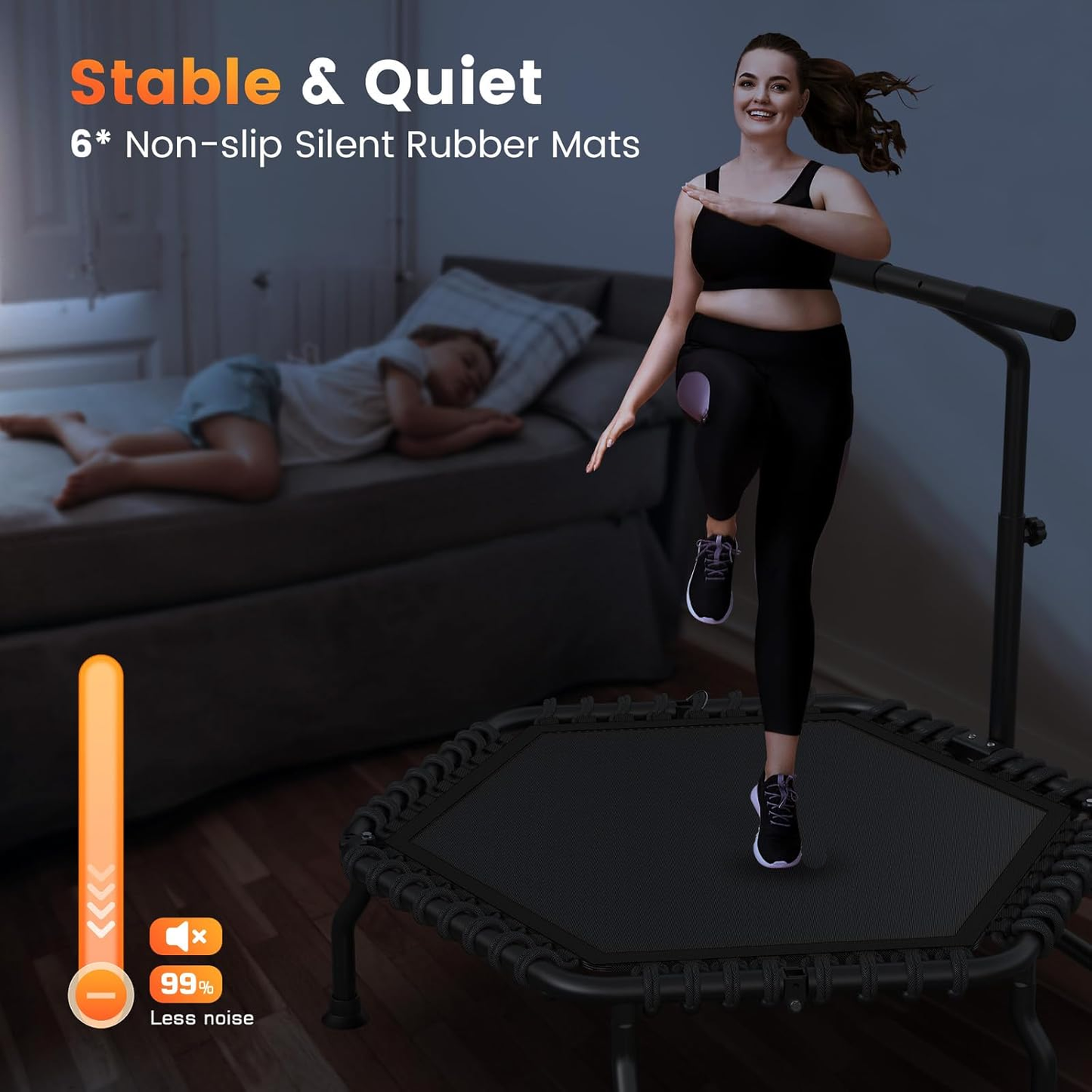 KRISRATE 50" Mini Trampoline Rebounder for Adults with Adjustable Bar, Foldable Fitness Trampoline 560LBS Capacity for Indoor Outdoor Home Gym Workout