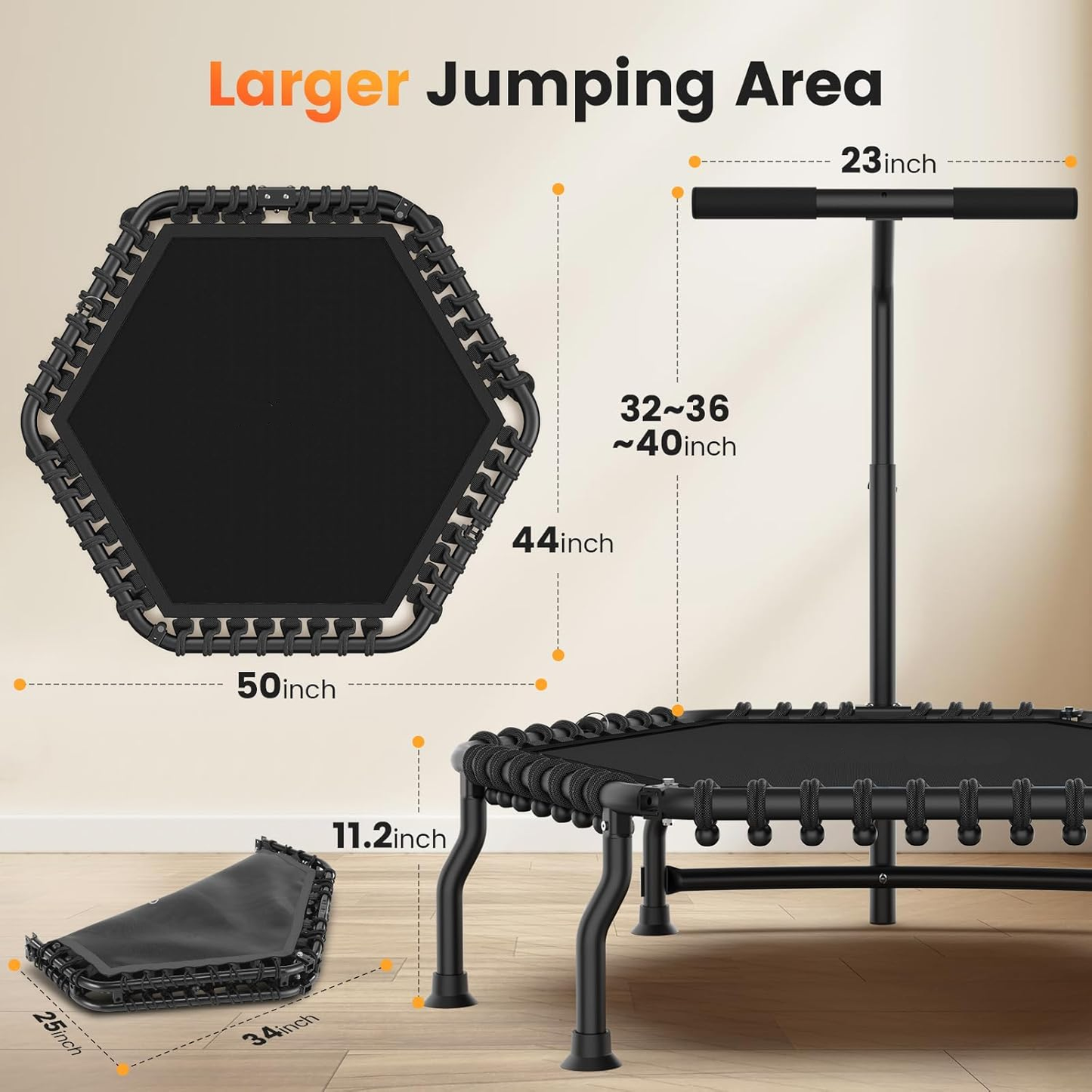 KRISRATE 50" Mini Trampoline Rebounder for Adults with Adjustable Bar, Foldable Fitness Trampoline 560LBS Capacity for Indoor Outdoor Home Gym Workout