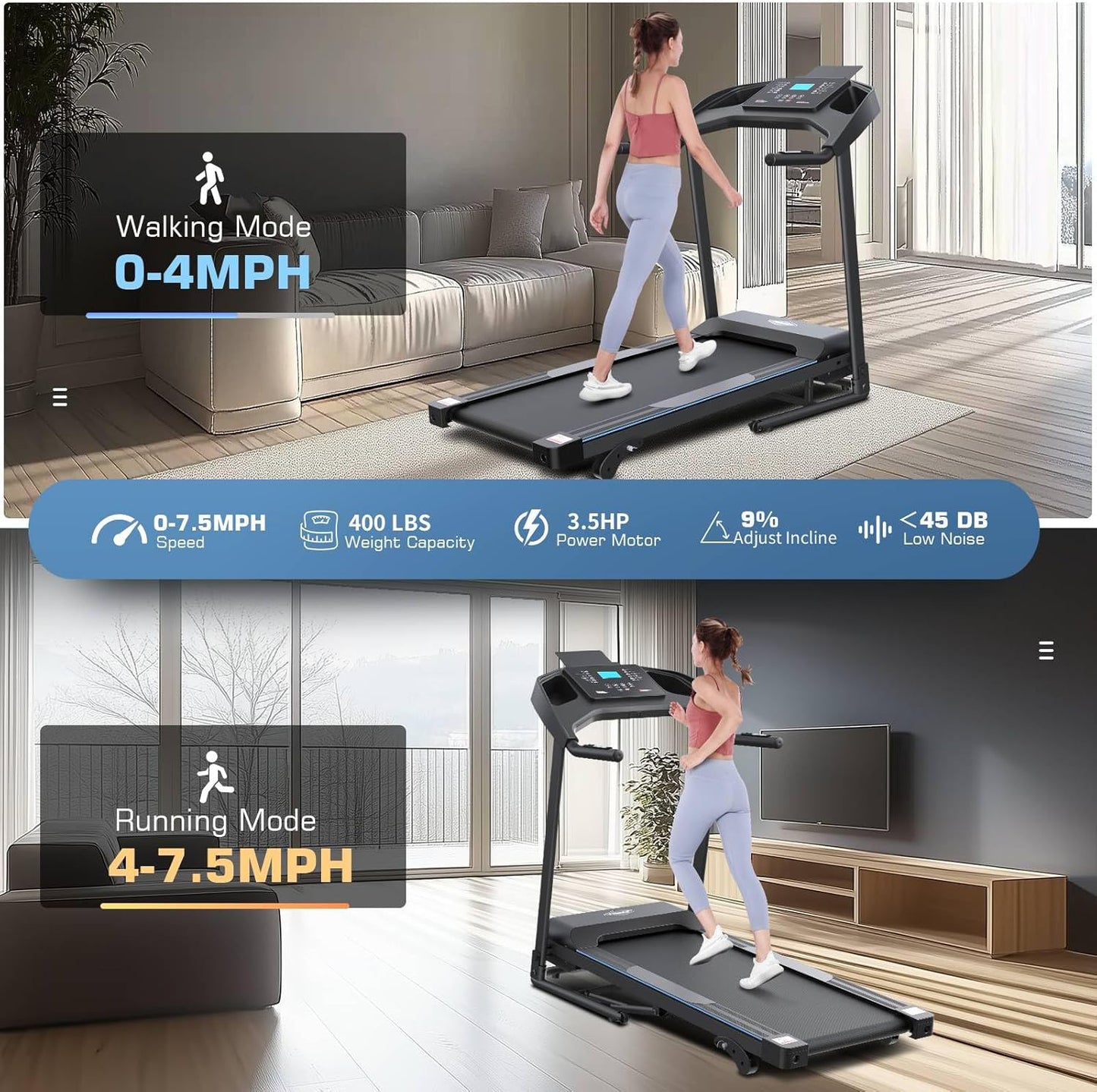 KRISRATE Treadmill with Incline, 3.5HP Smart Portable Folding Treadmill for Home, Running Machine with Smart Fitness Tracking, Silent Shock Absorption