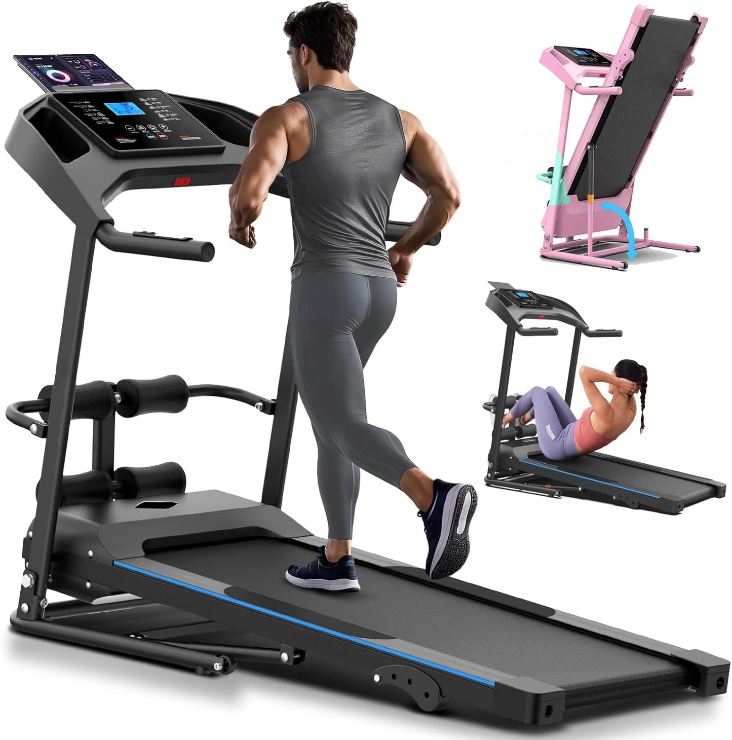 KRISRATE Foldable Treadmill with Sit Up Bench, 2025 Upgrade 3.5HP Portable Treadmills for Home with Incline, Smart LCD Display Body Fat & Heart Rate