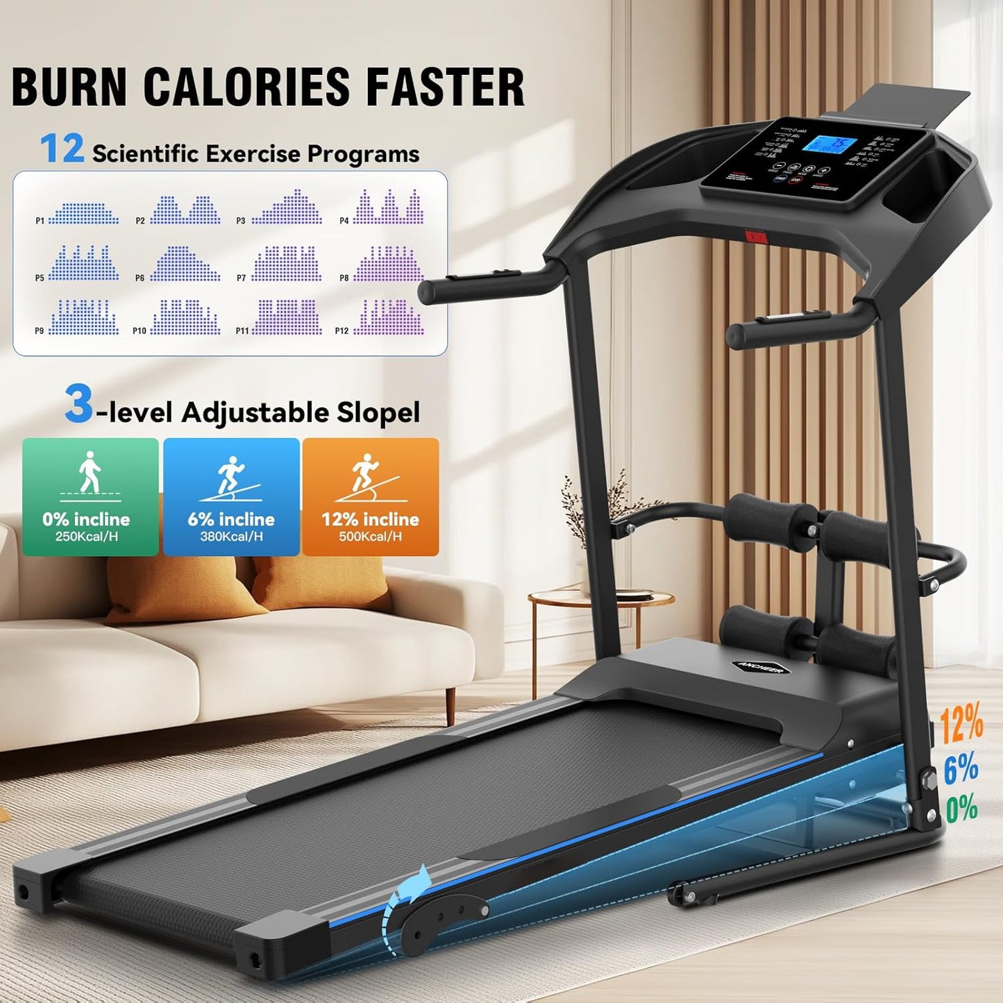 KRISRATE Foldable Treadmill with Sit Up Bench, 2025 Upgrade 3.5HP Portable Treadmills for Home with Incline, Smart LCD Display Body Fat & Heart Rate
