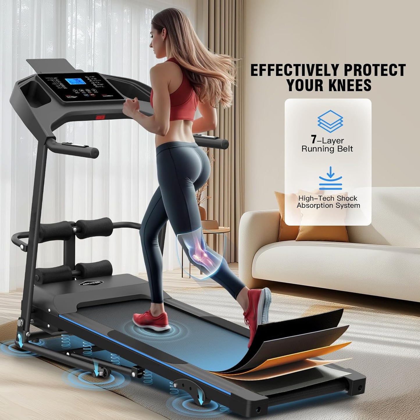 KRISRATE Foldable Treadmill with Sit Up Bench, 2025 Upgrade 3.5HP Portable Treadmills for Home with Incline, Smart LCD Display Body Fat & Heart Rate