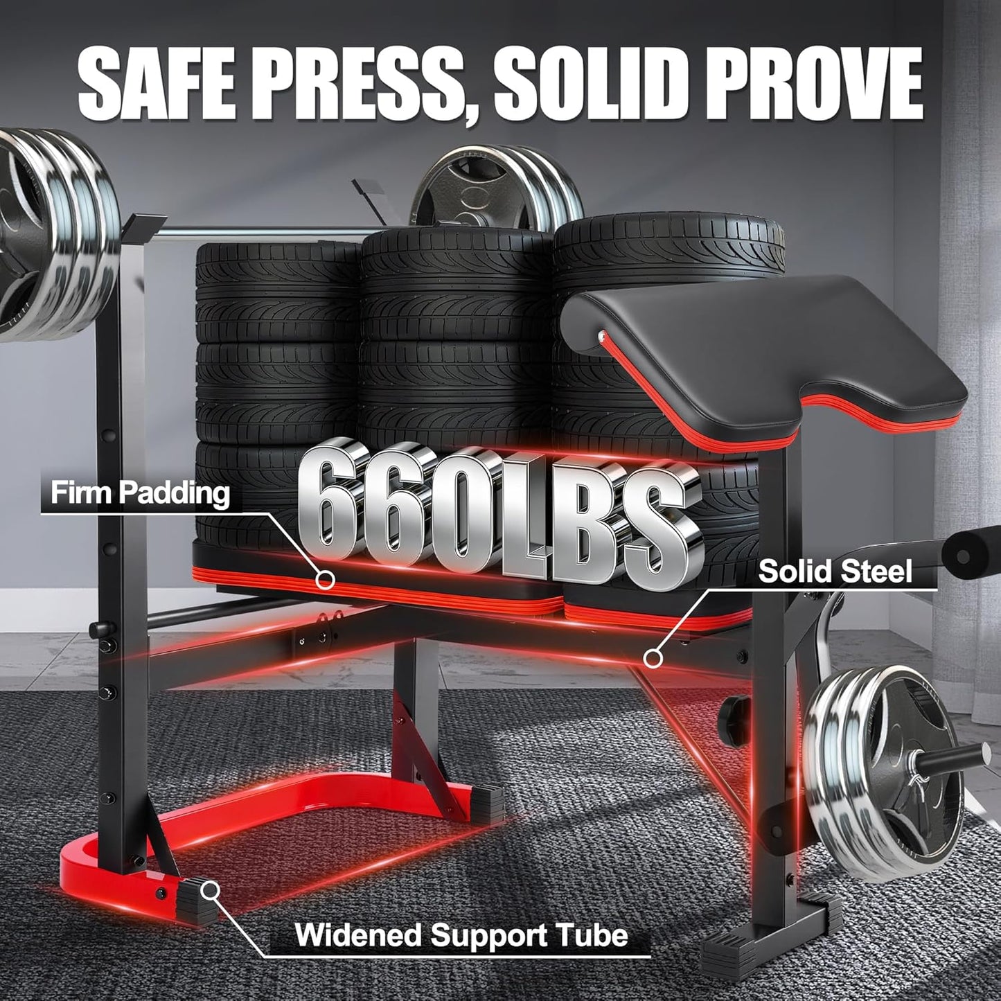 KRISRATE 660lbs Adjustable Weight Bench Set with Leg Developer & Preacher Curl Pad, Full Body Workout Strength Training Bench Press Set w/ Squat Rack