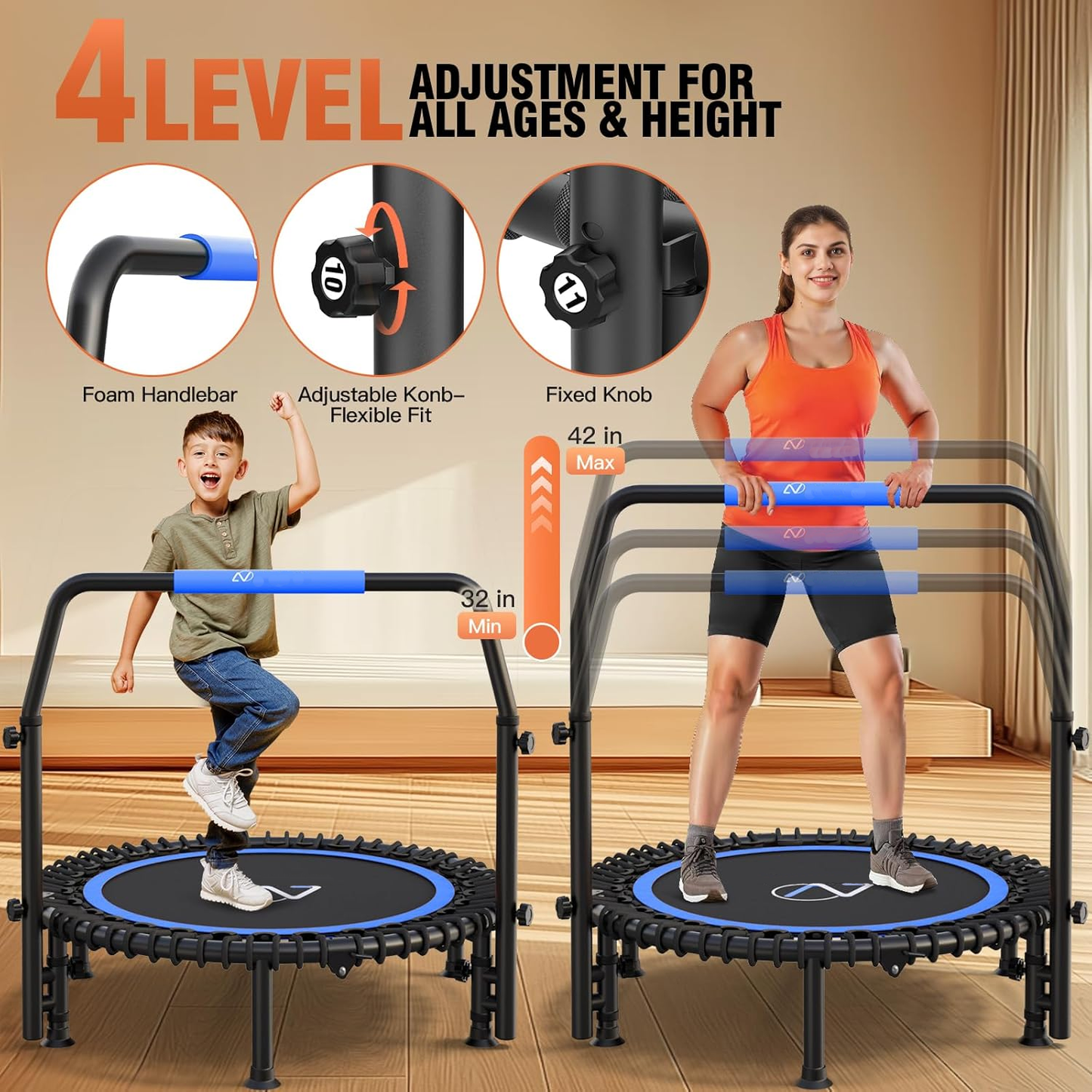 KRISRATE 40" Mini Trampoline Rebounder with 4-Level Adjustable Handle, Heavy Duty Fitness Trampoline 400 LBS Capacity for Indoor Outdoor Exercise